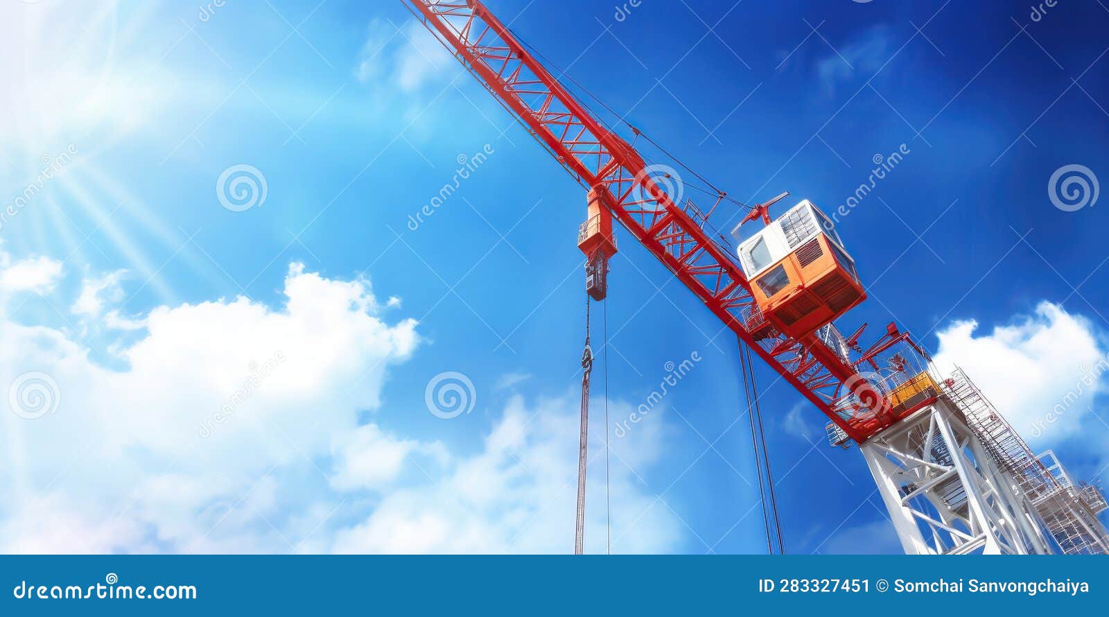 onstruction site including many cranes working in a building with blue sky and sun, top view using cranes working