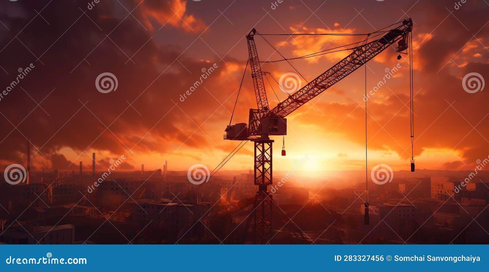 onstruction site including many cranes working in a building with blue sky and sun, top view using cranes working