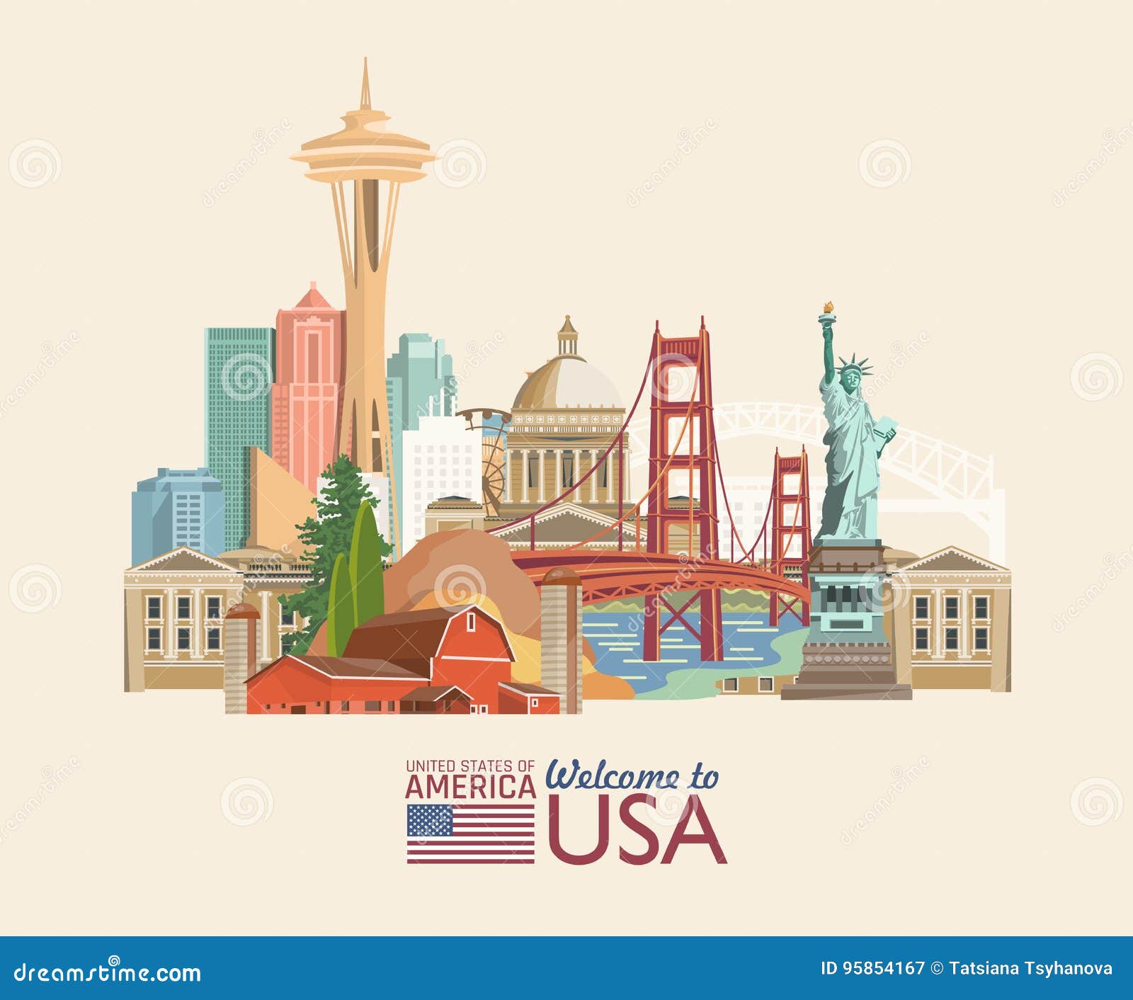 Onthaal Aan De De De Staten Van Amerika Met Amerikaanse Sightseeing Vectorillustratie Over Reis Vector Illustratie - Illustration of etiket, reis: 95854167