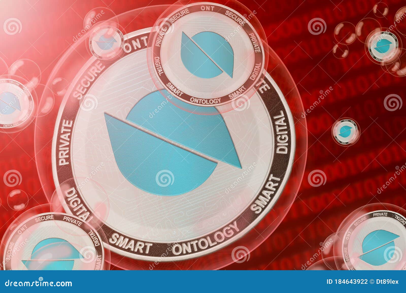 ontology crash, bubble. ontology ont cryptocurrency coins in a bubbles on the binary code background