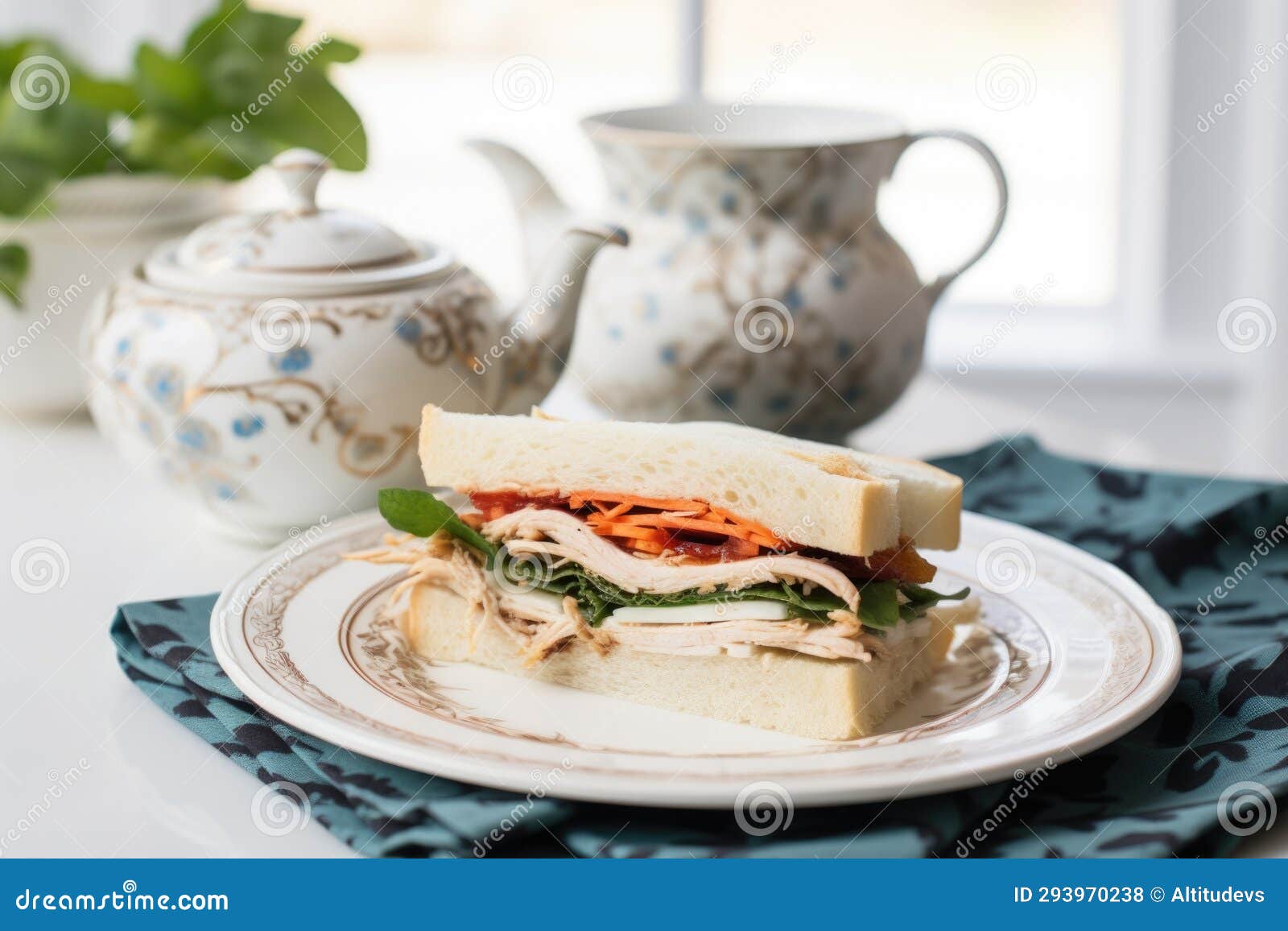 Oolong Marinated Turkey Sandwich on a White Porcelain Dish Stock Photo