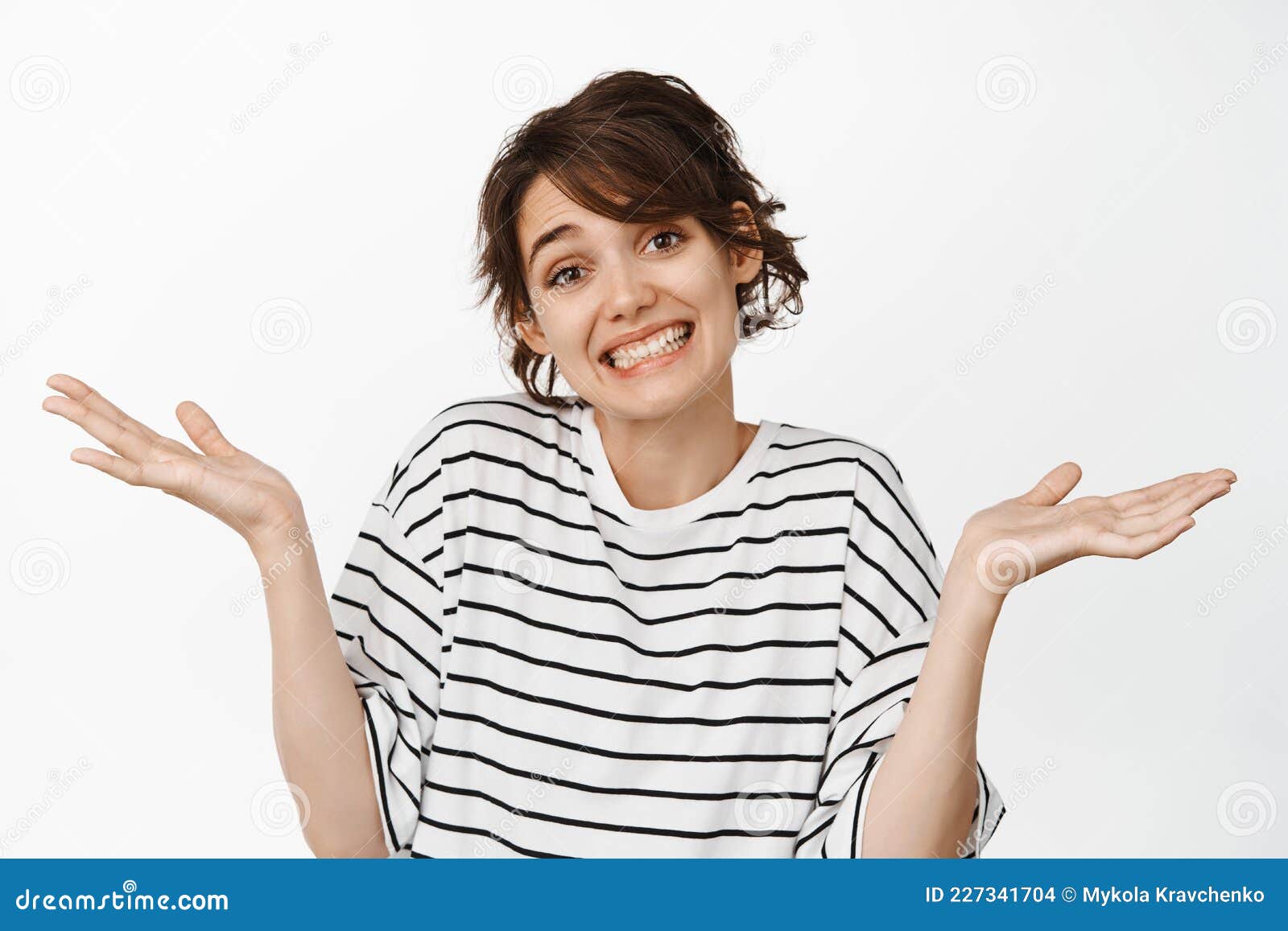 Oops Sorry My Mistake. Cute Awkward Woman Shrugging Shoulders and Smiling Unaware, Cant Say
