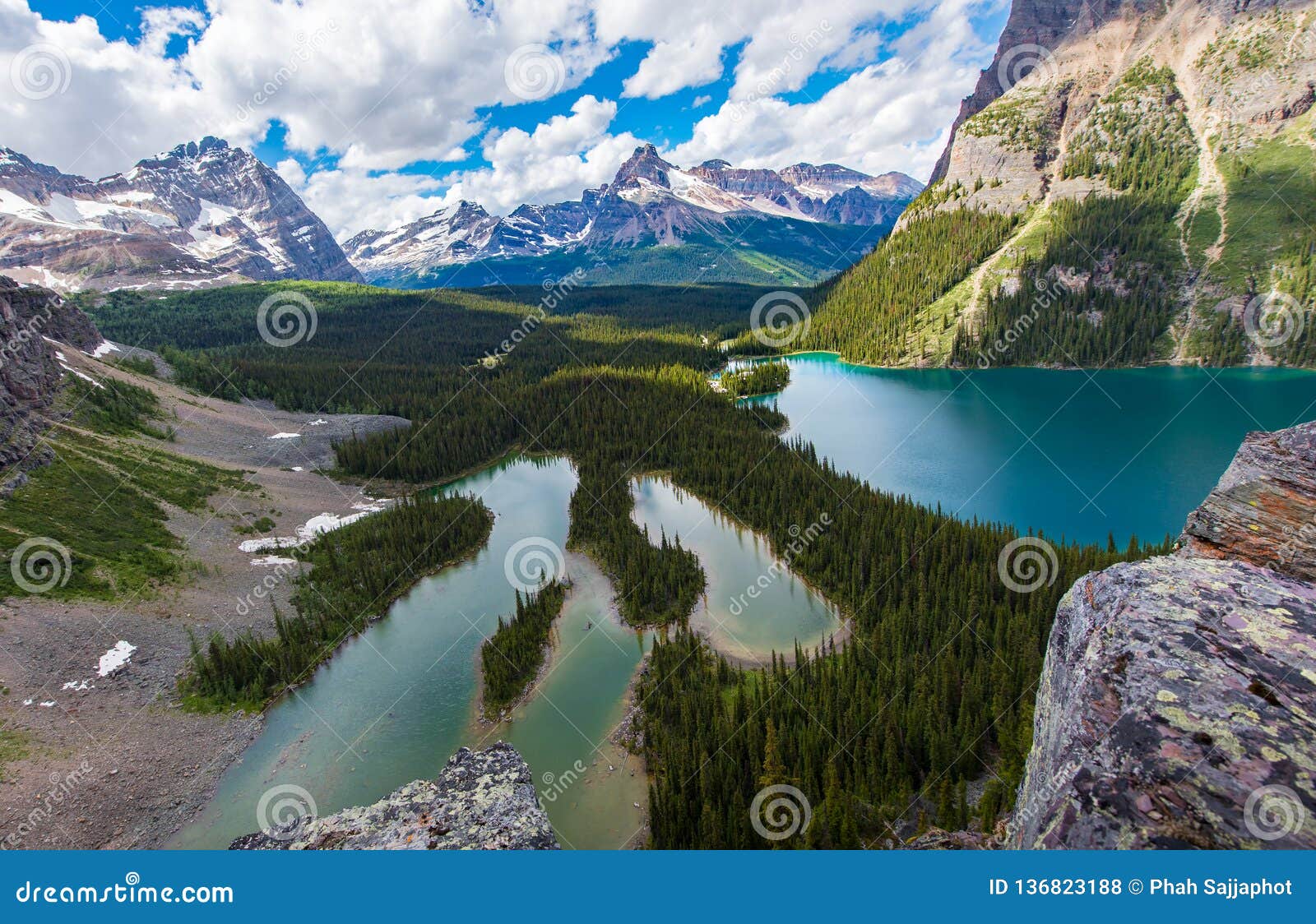 opabin lake beautiful hiking trail in cloudy day in spring, yoho, canada