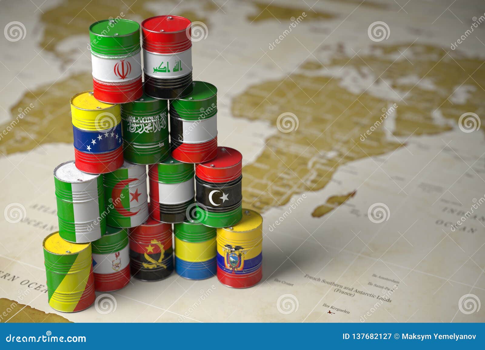 opec concept. oil barrels in color of flags of countries memebers of opec on world political map background