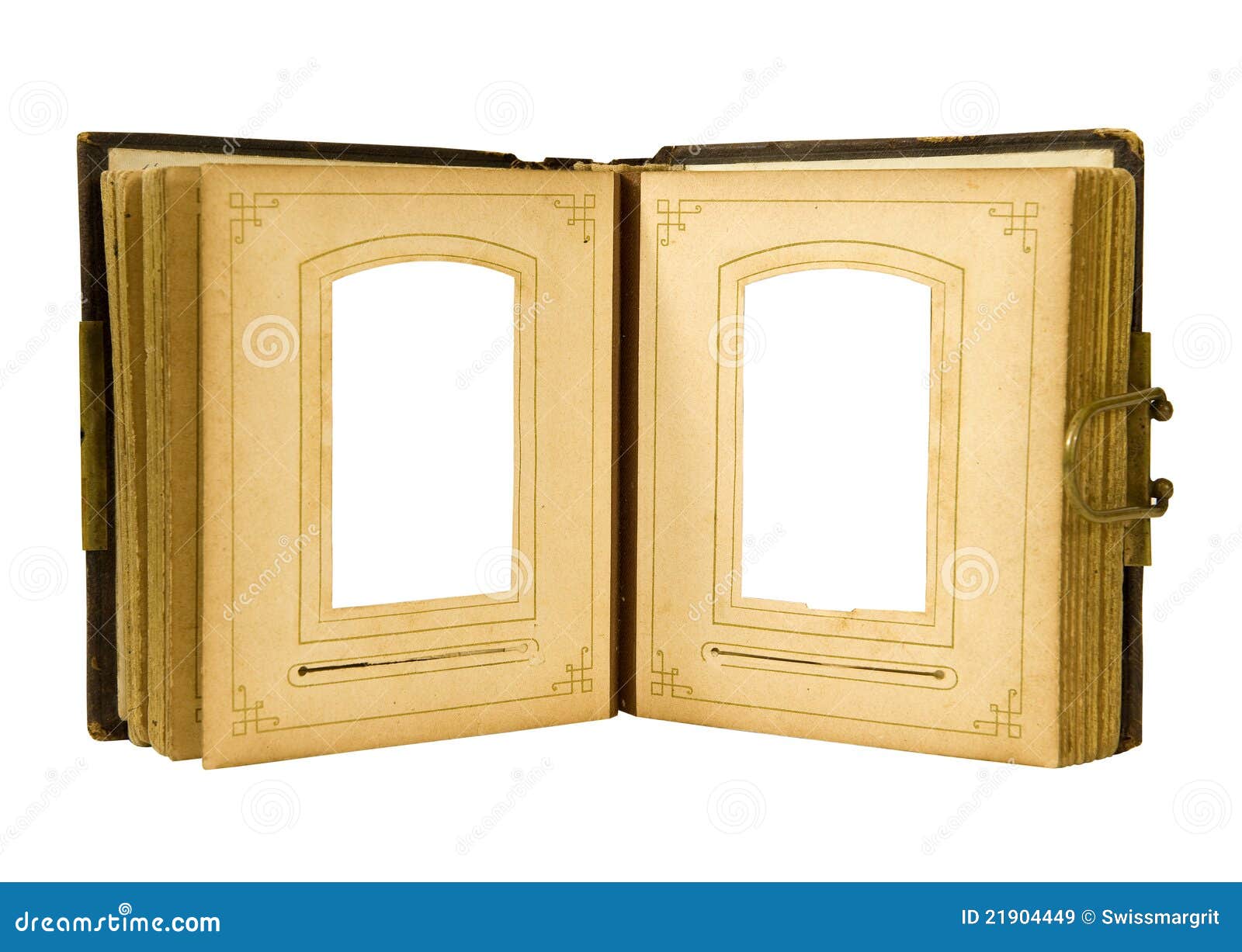 Open antique photo album. Vintage open photo album with empty picture frames on a white background