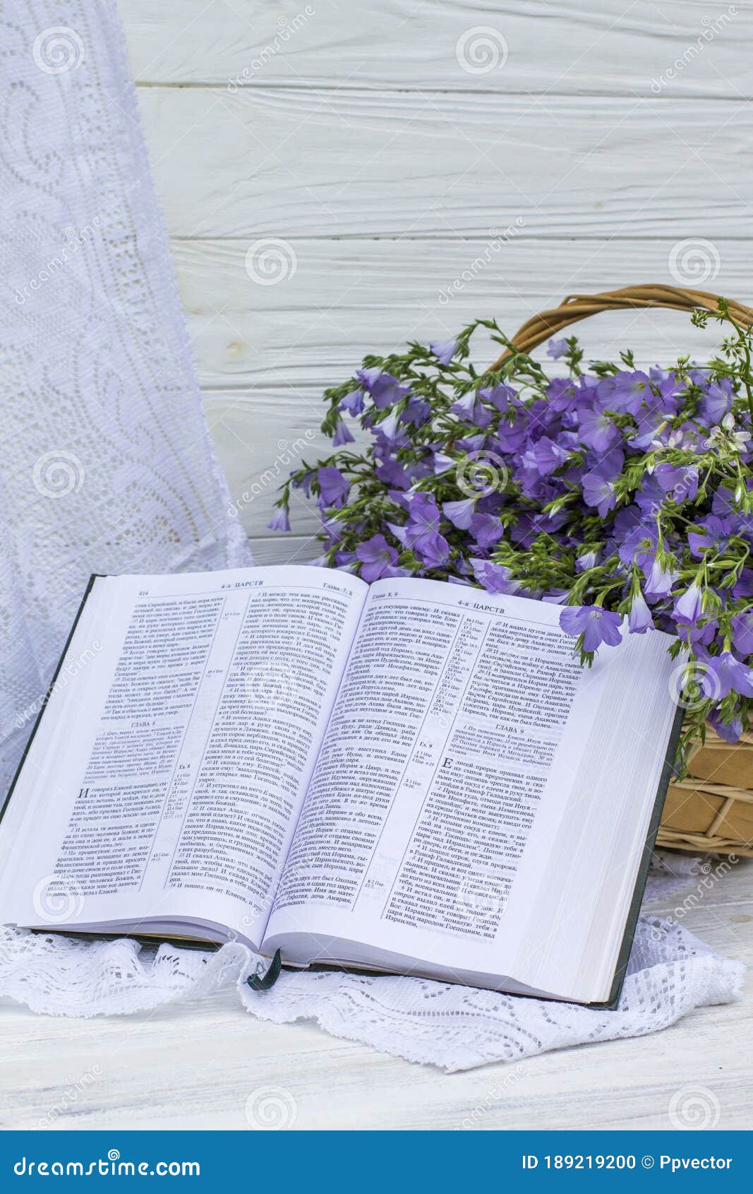 Open Bible and Bouquet Flax in Wicker Stock Photo - Image of learn ...