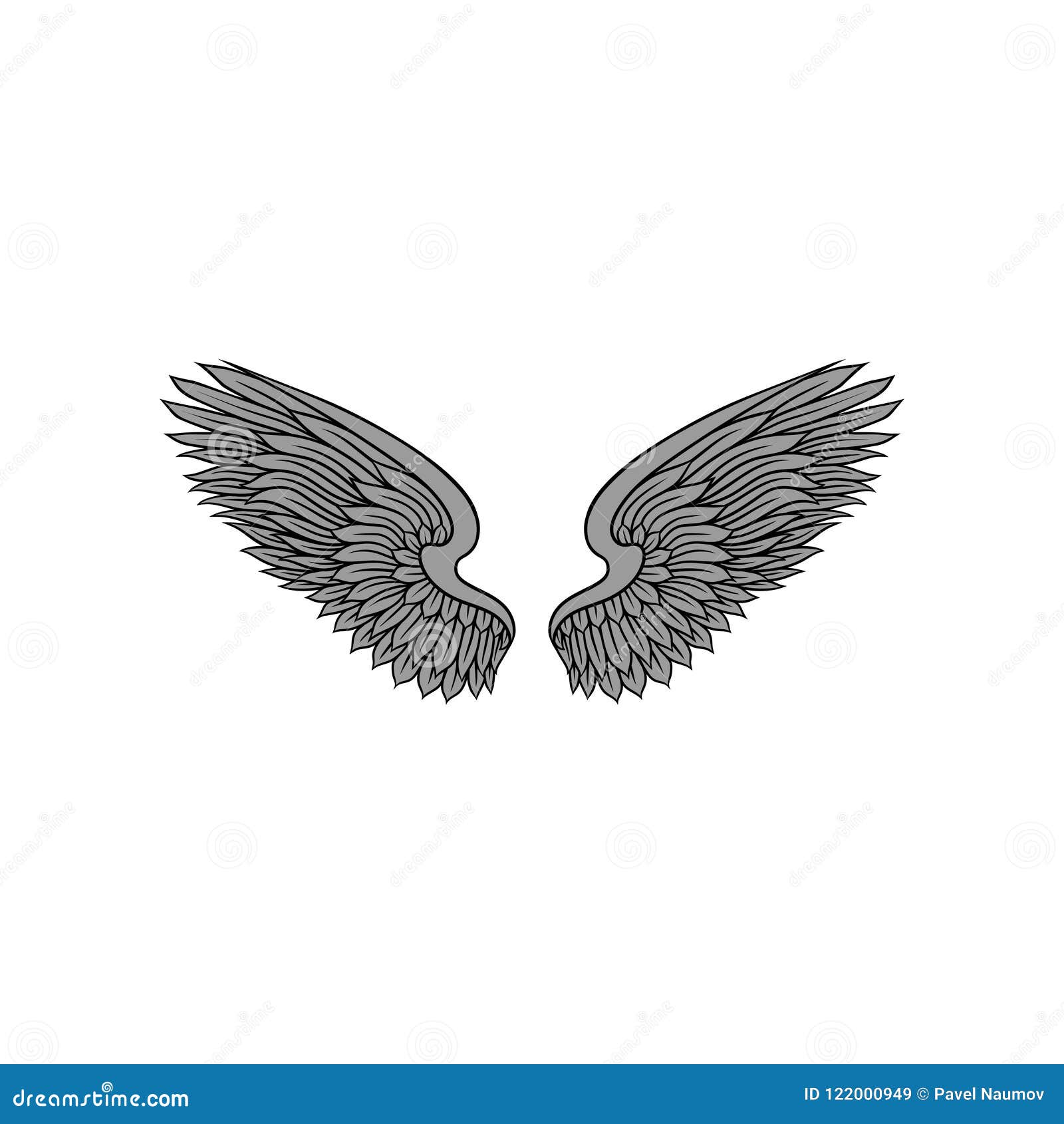 Open Bird or Angel Wings with Feathers and Contour. Old-school Tattoo Vector for Print, Sticker or Vector - Illustration of emblem, background: 122000949