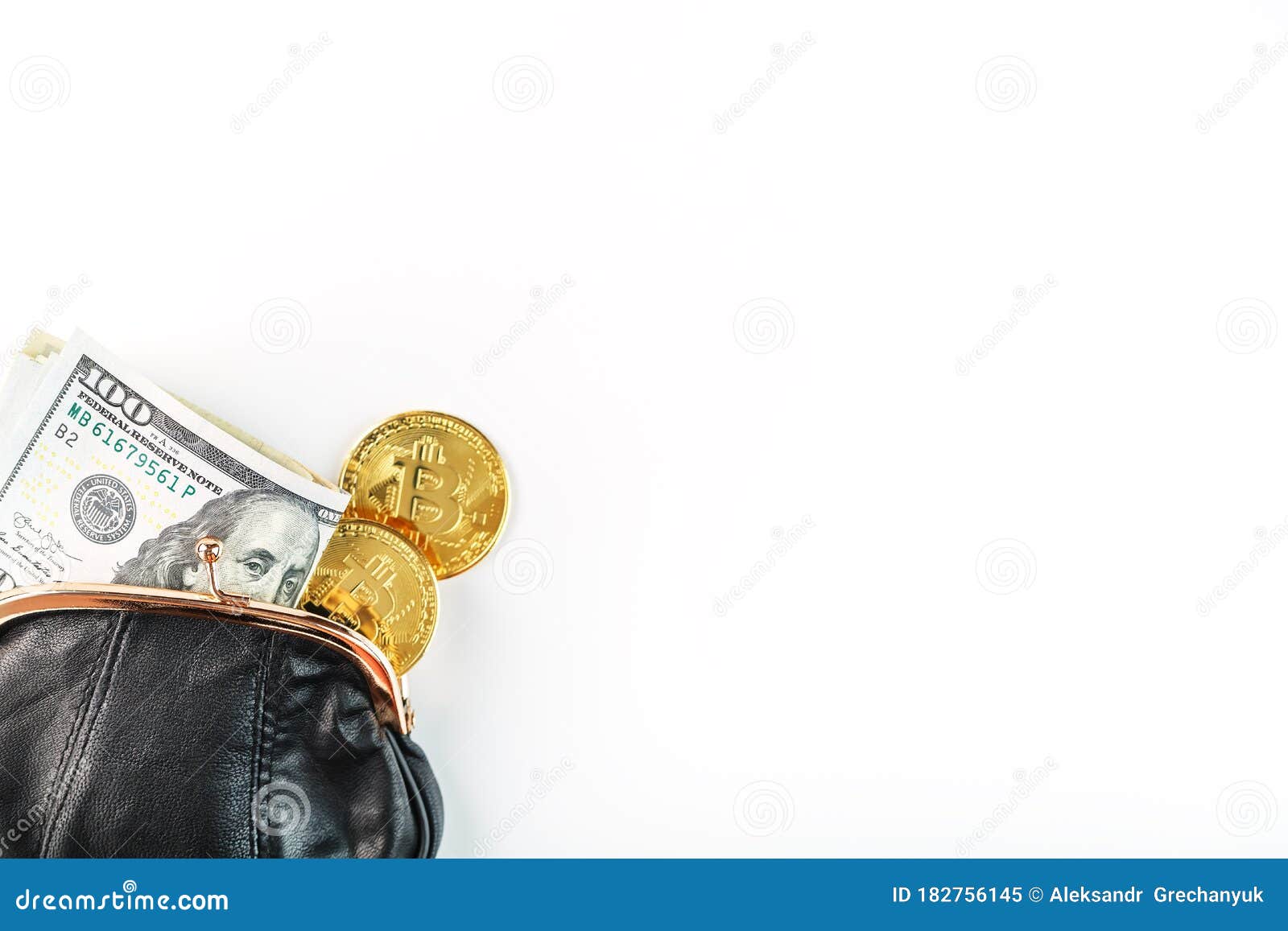 An Open Black Wallet with Money, Dollars and Bitcoin Coins on a White  Background Stock Image - Image of green, change: 182756145