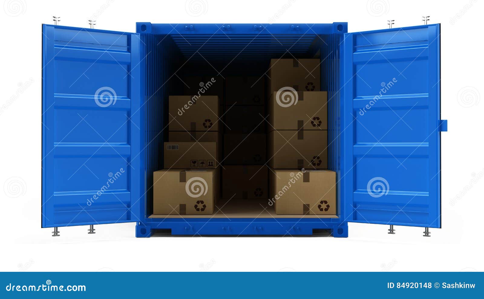 Open Blue Cargo Freight Shipping Container with Cardboard Boxes
