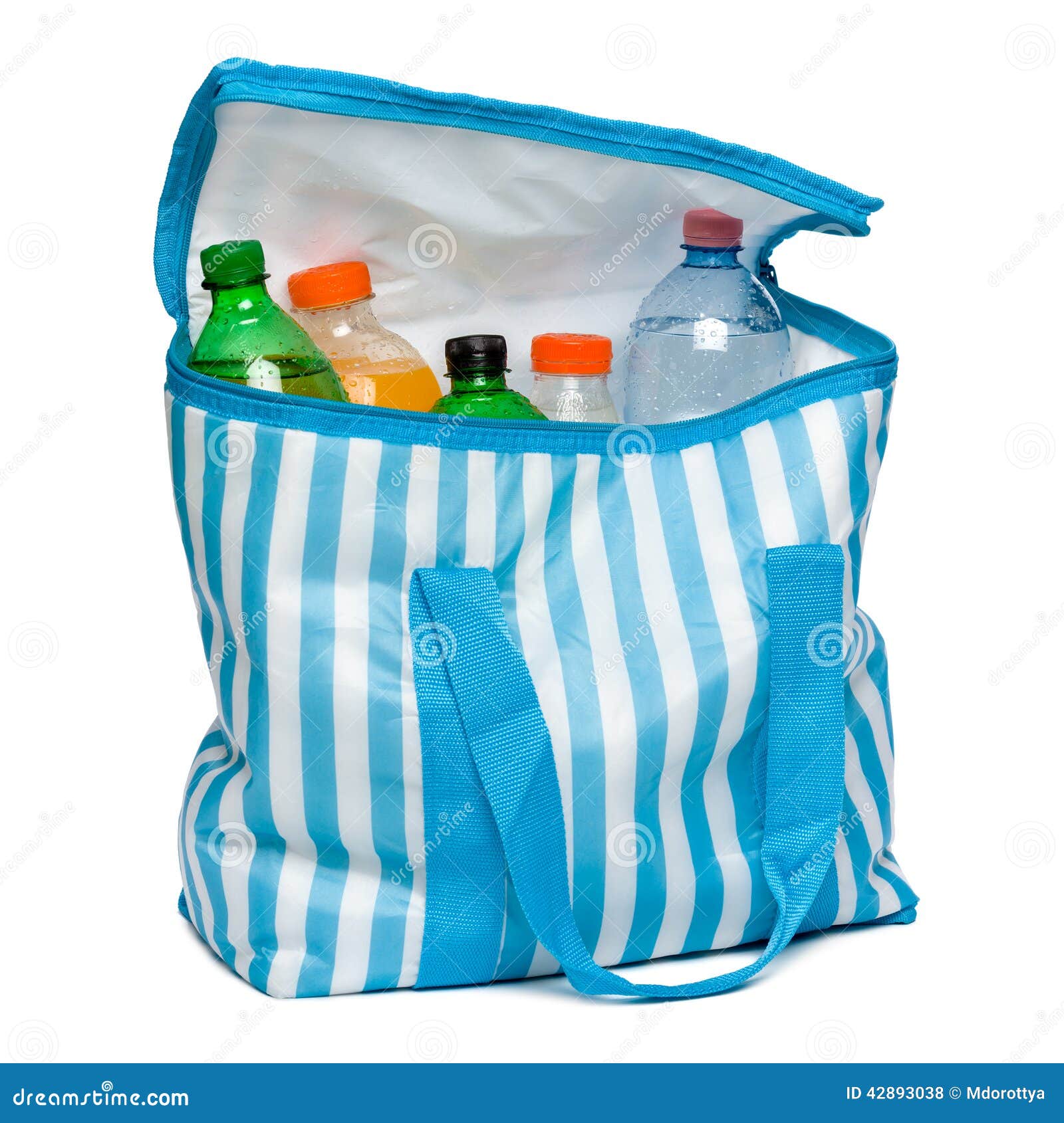 Open Blue Striped Cooler Bag with Full of Cool Refreshing Drinks Stock
