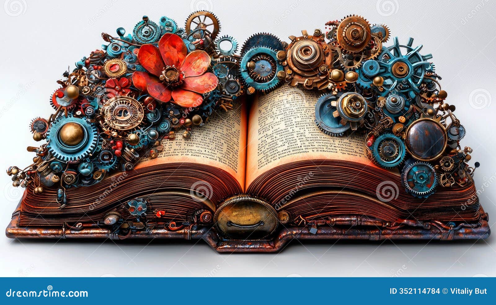 open book adorned vibrant gears cogs and flowers izes fusion reading and innovation. metallic textures and vintage