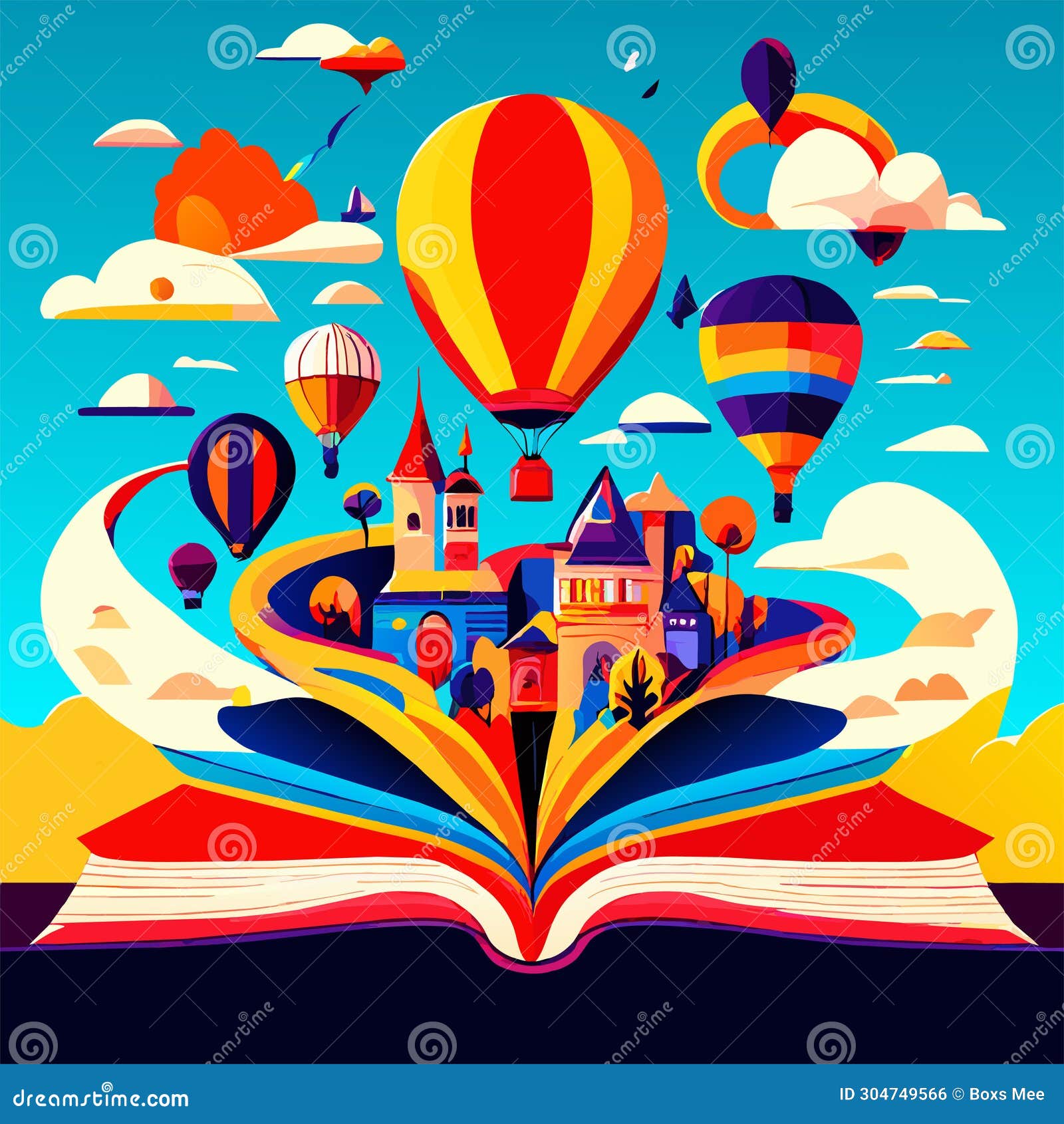 Open Book with Colorful Hot Air Balloons Flying Over the City. Vector ...