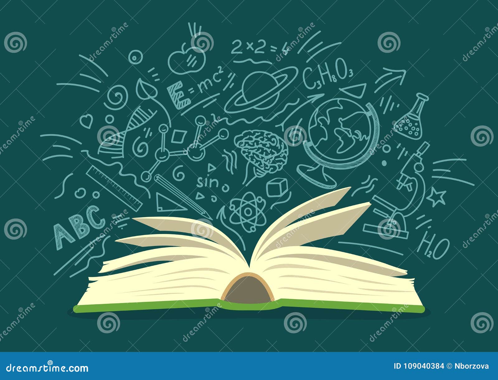 Open Book with Education, Science Hand Drawn Doodles Stock Vector