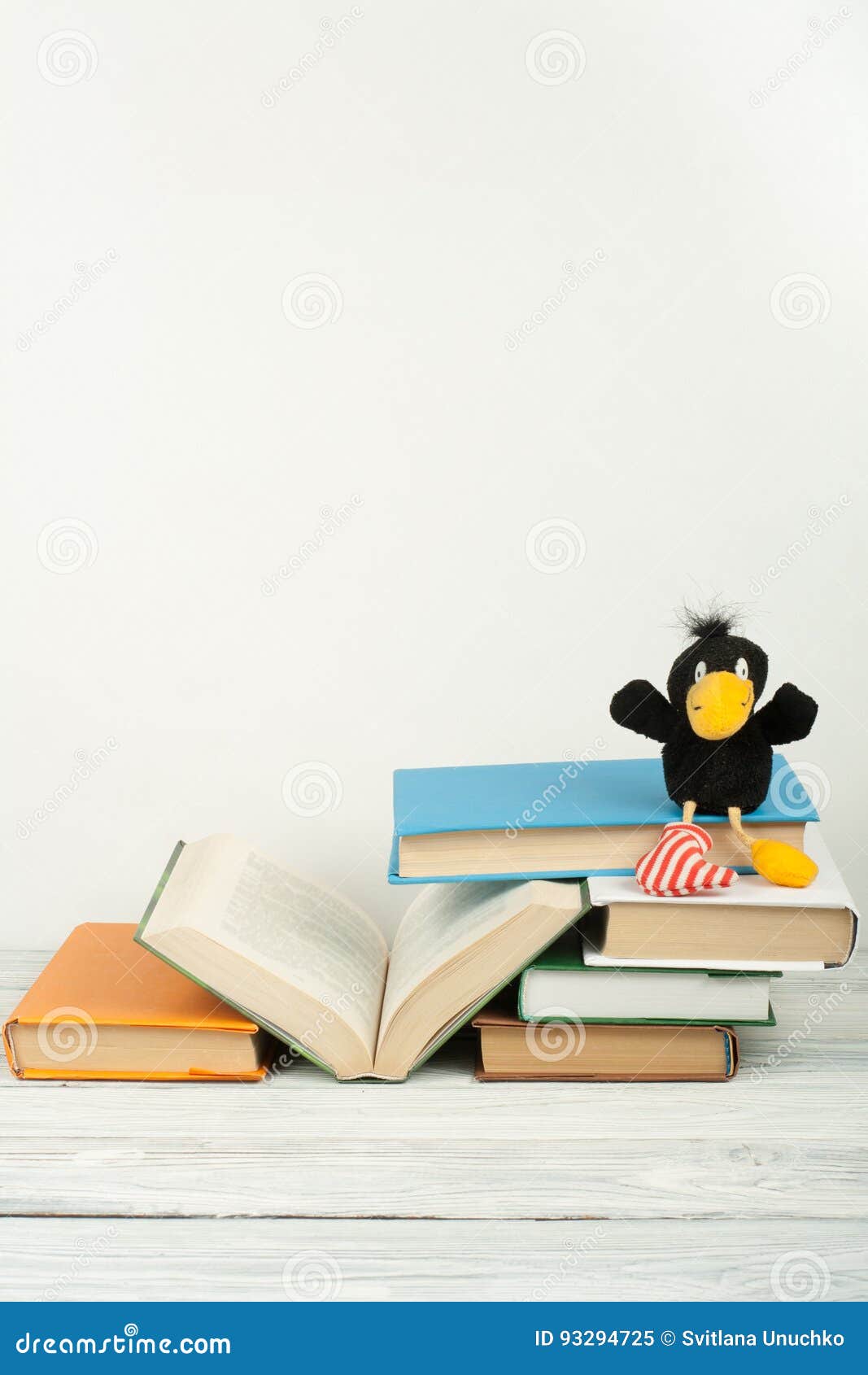 Open Book Hardback Colorful Books On Wooden Table Toy Crow Back