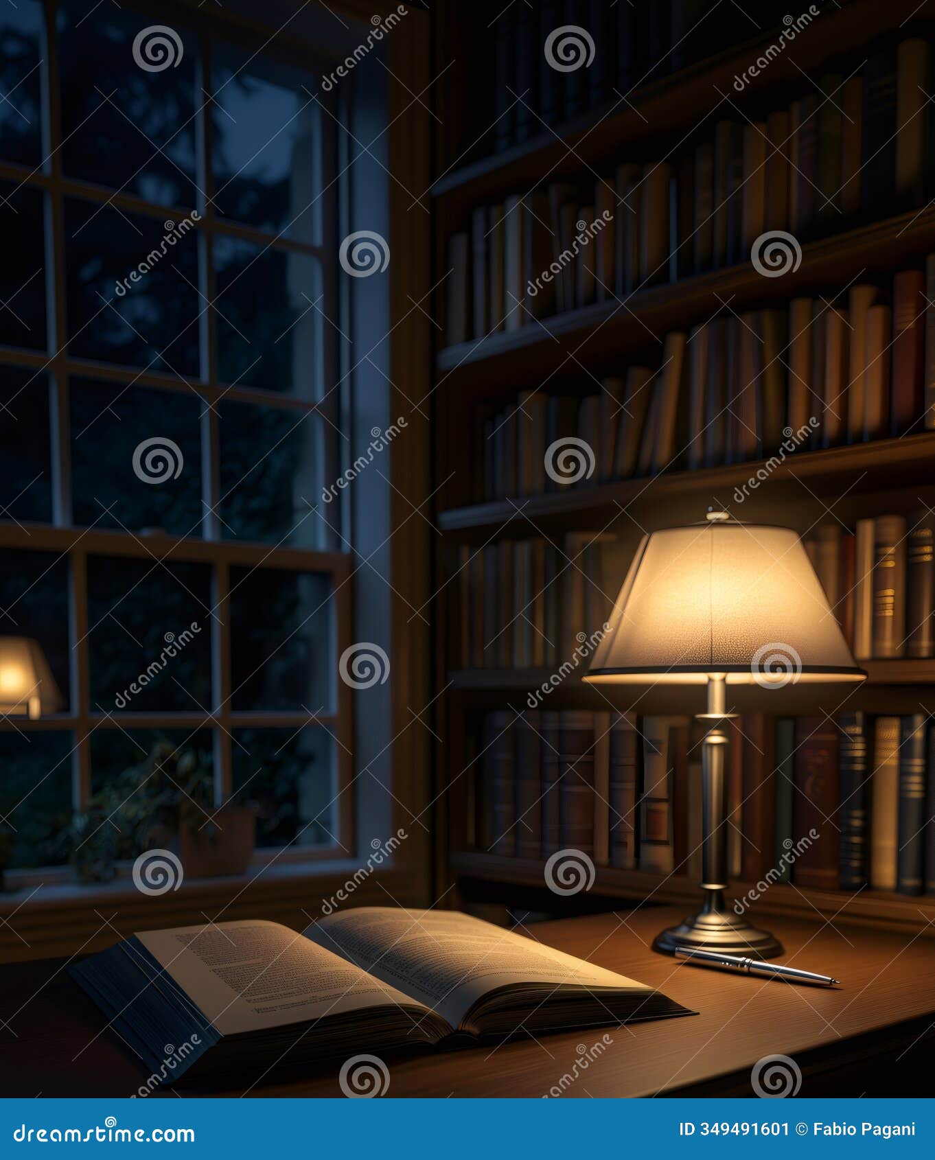 open book illuminated by lamp light in cozy reading nook by window at night, copy space on top