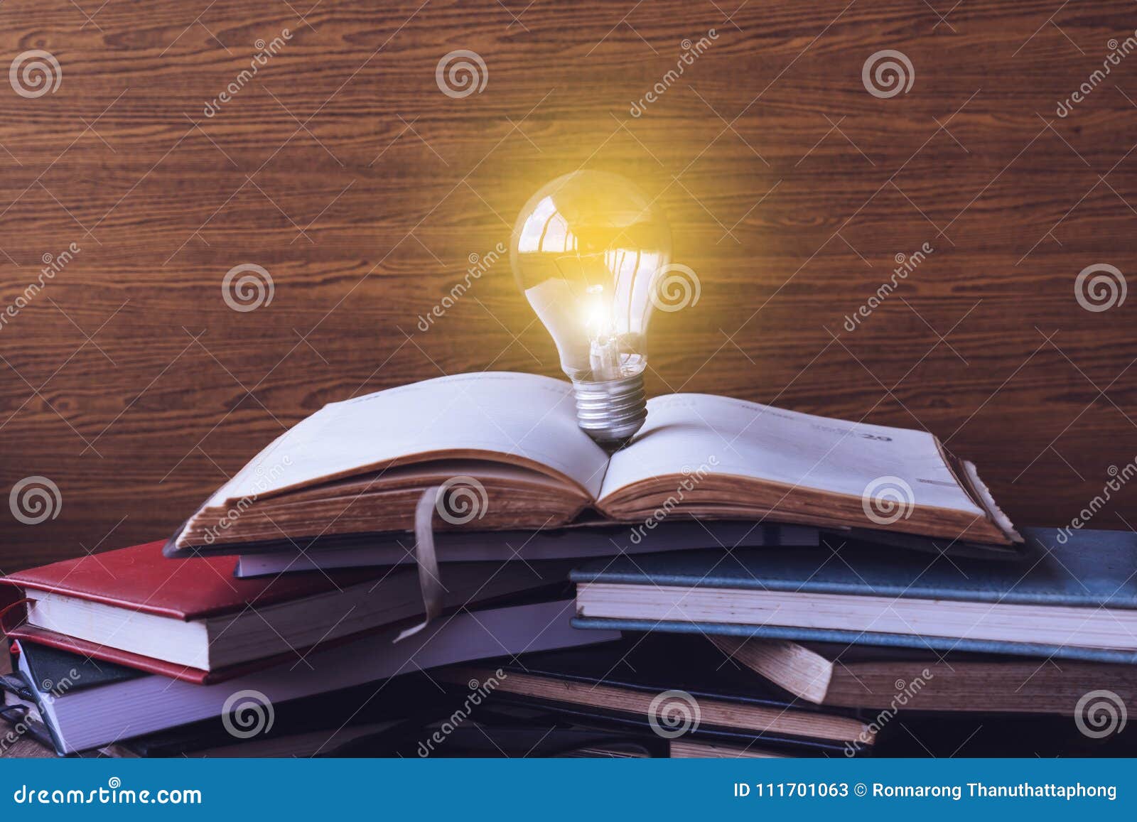 Open Book With Light Bulb And Hardback Books On Wood Wall Background