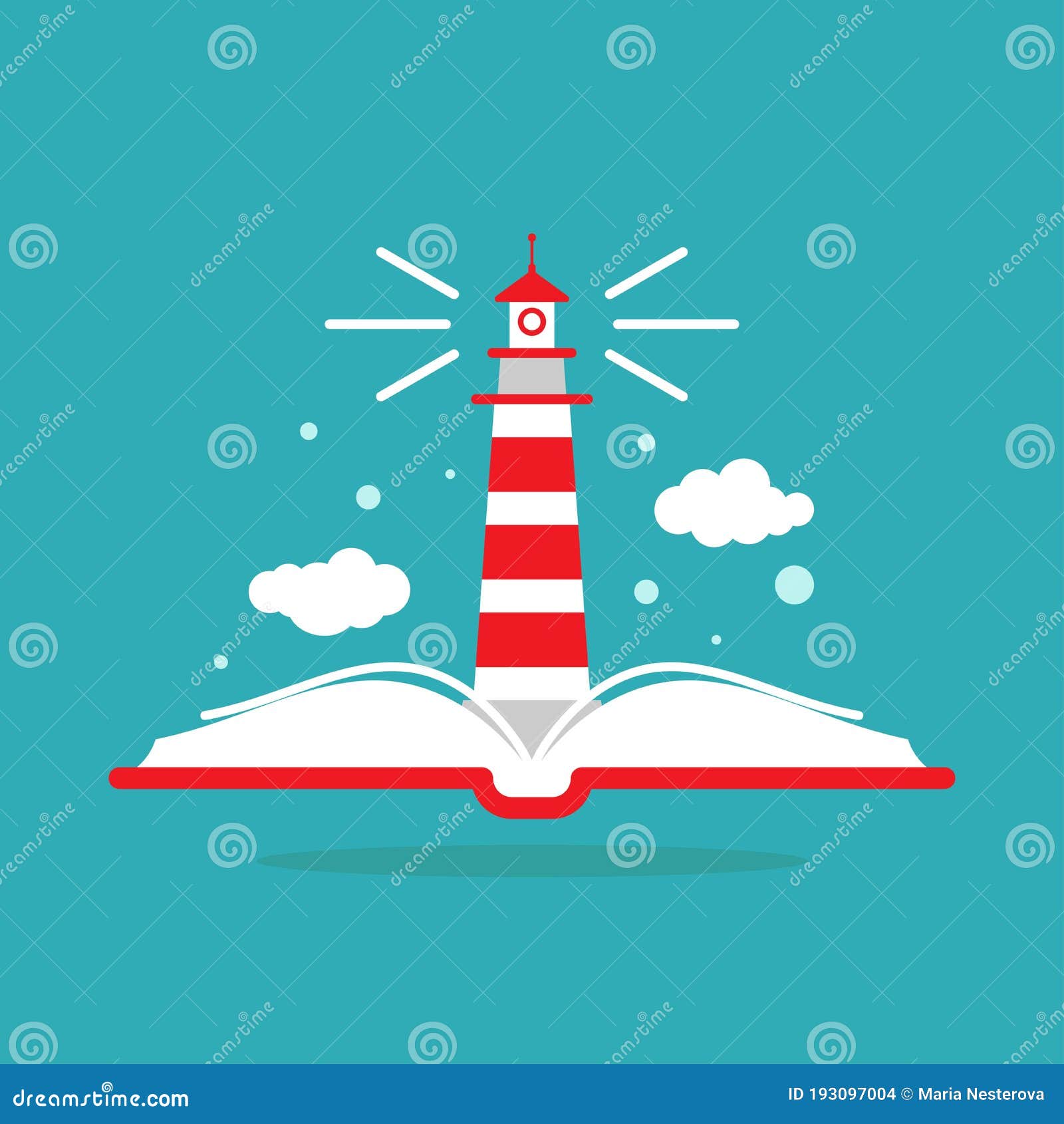 Open Book with Lighthouse or Beacon and Clouds on Blue Background