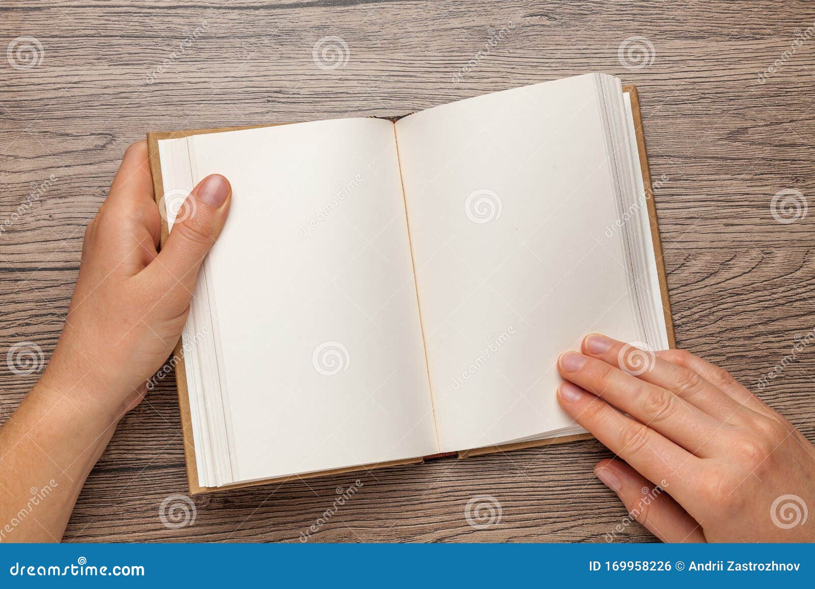 Download A5 Open Book Mockup With Hands Empty Template Of Page Blank For Design On Wooden Background Stock Photo Image Of Copy Publishing 169958226