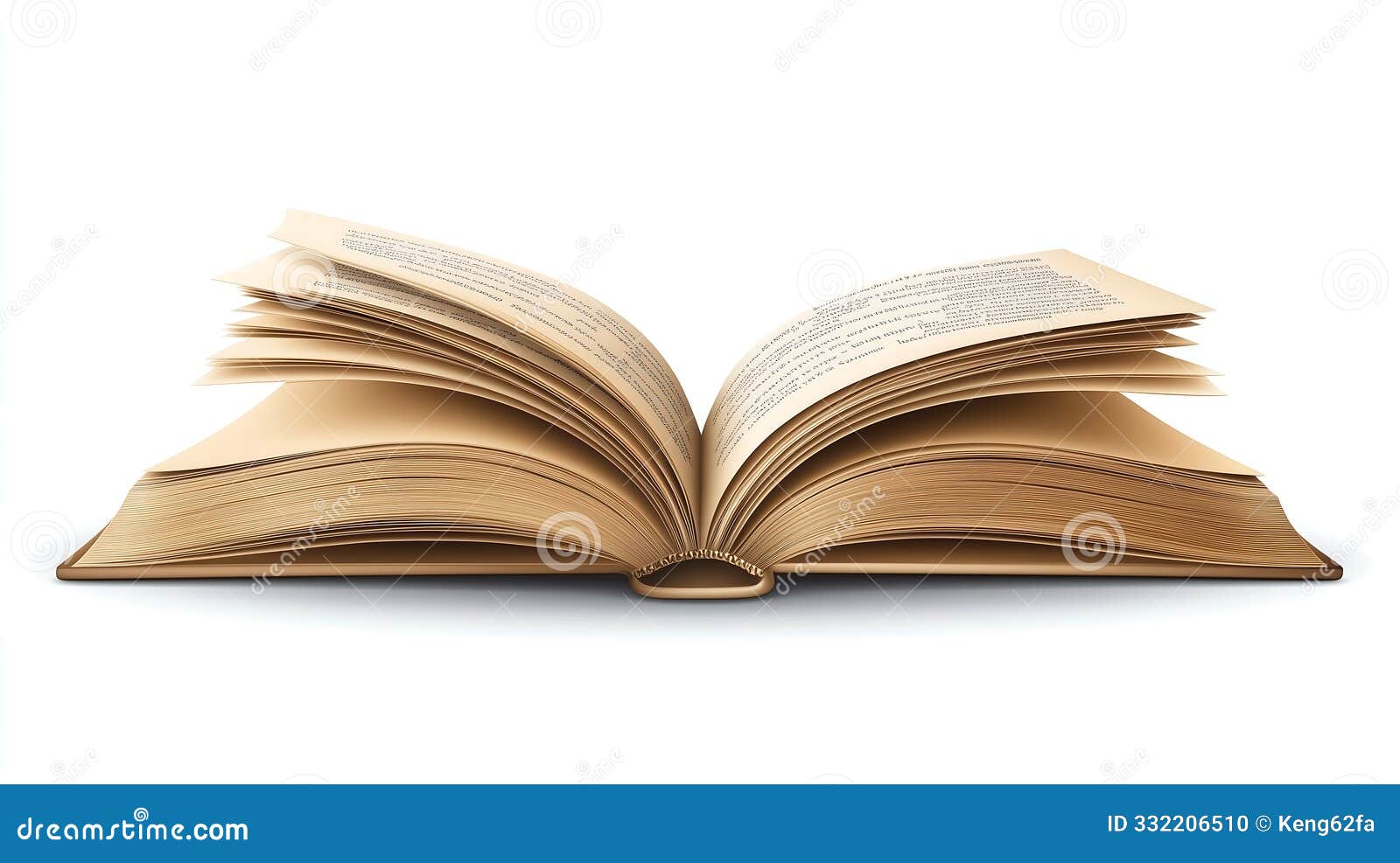 open book with pages in mid-turn, showcasing flowing text  on white background
