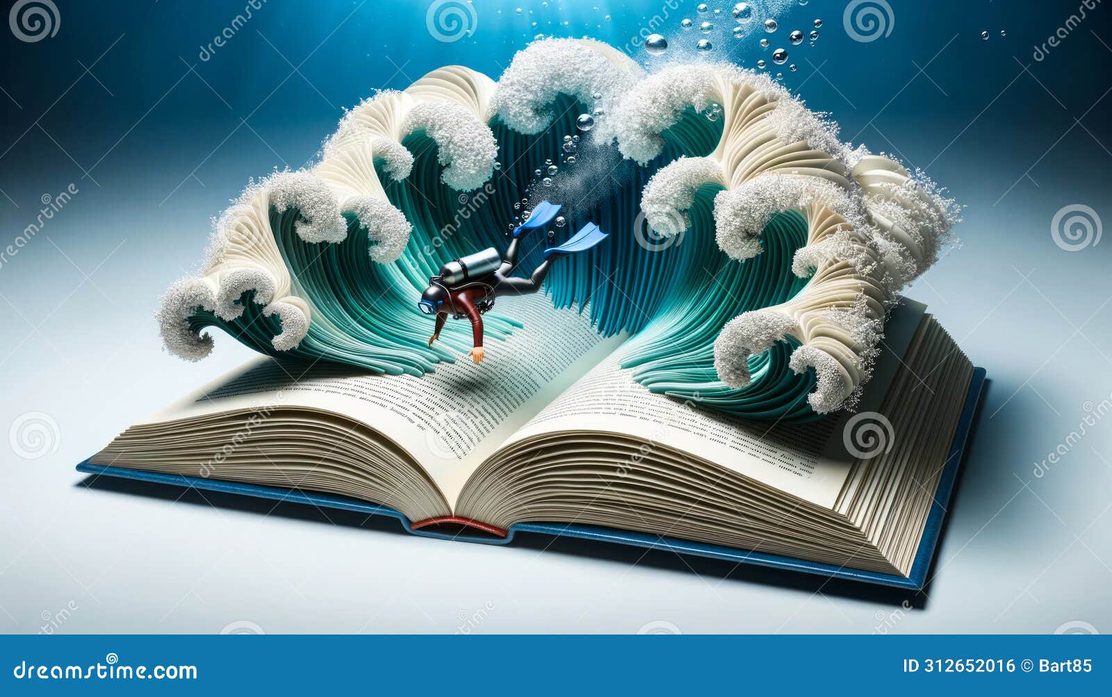 open book with pages transforming into waves. a miniature diver equipped with gear dives deep into the textual ocean chasing the