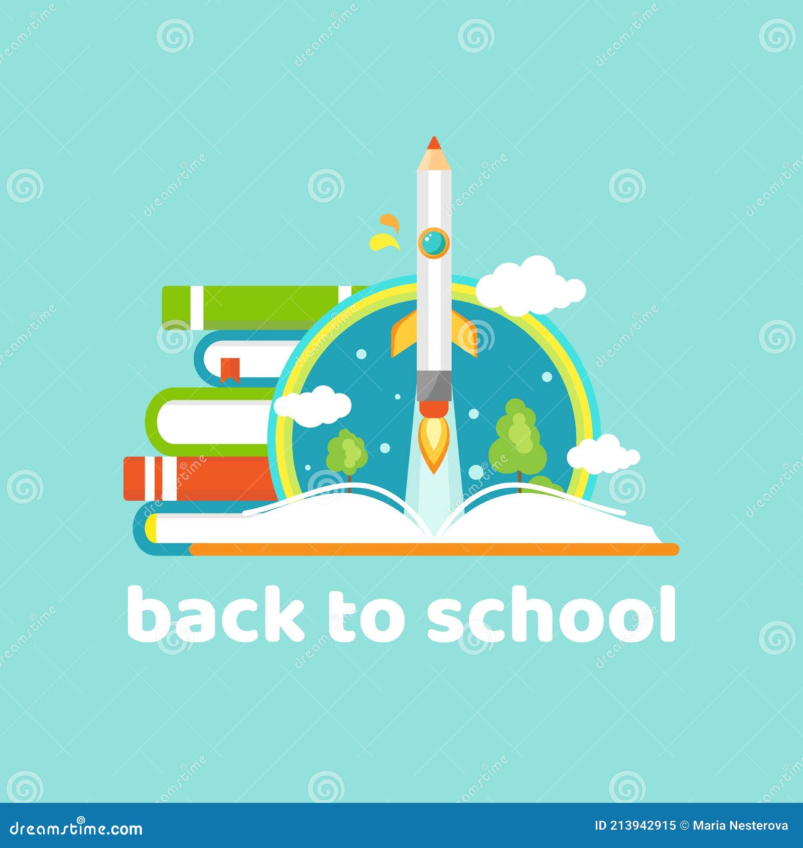 open book, stack of books, rocket pencil with fire on blue background
