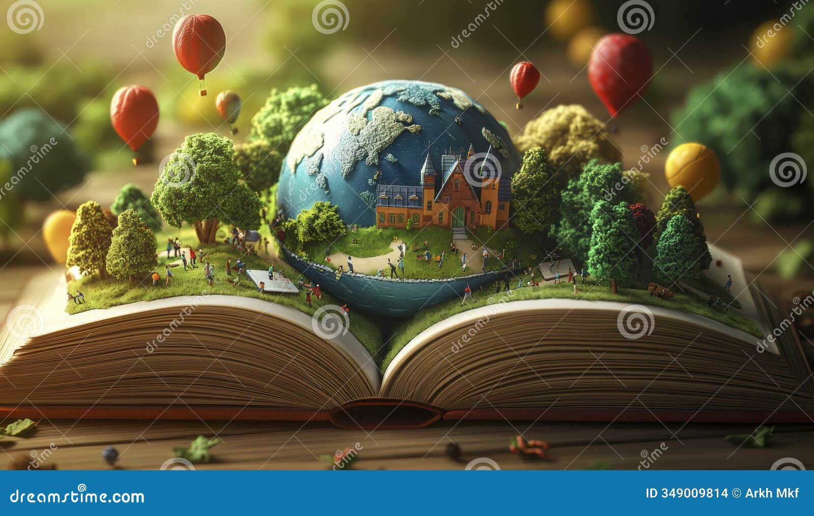an open book transforms into a strange world with trees, buildings, and birds emerging from the pages, creating a fantastic scene