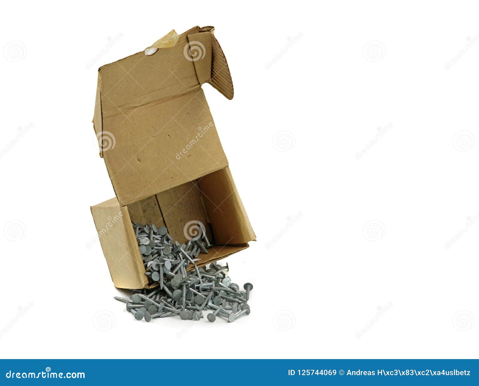 Open Box with Roofing Paper Nails Isolated on White Background Stock