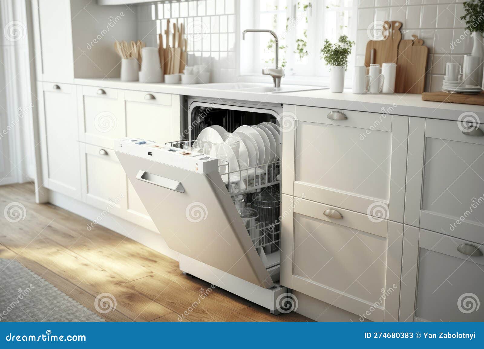 Open Builtin Dishwasher in White Kitchen. Generative AI Stock