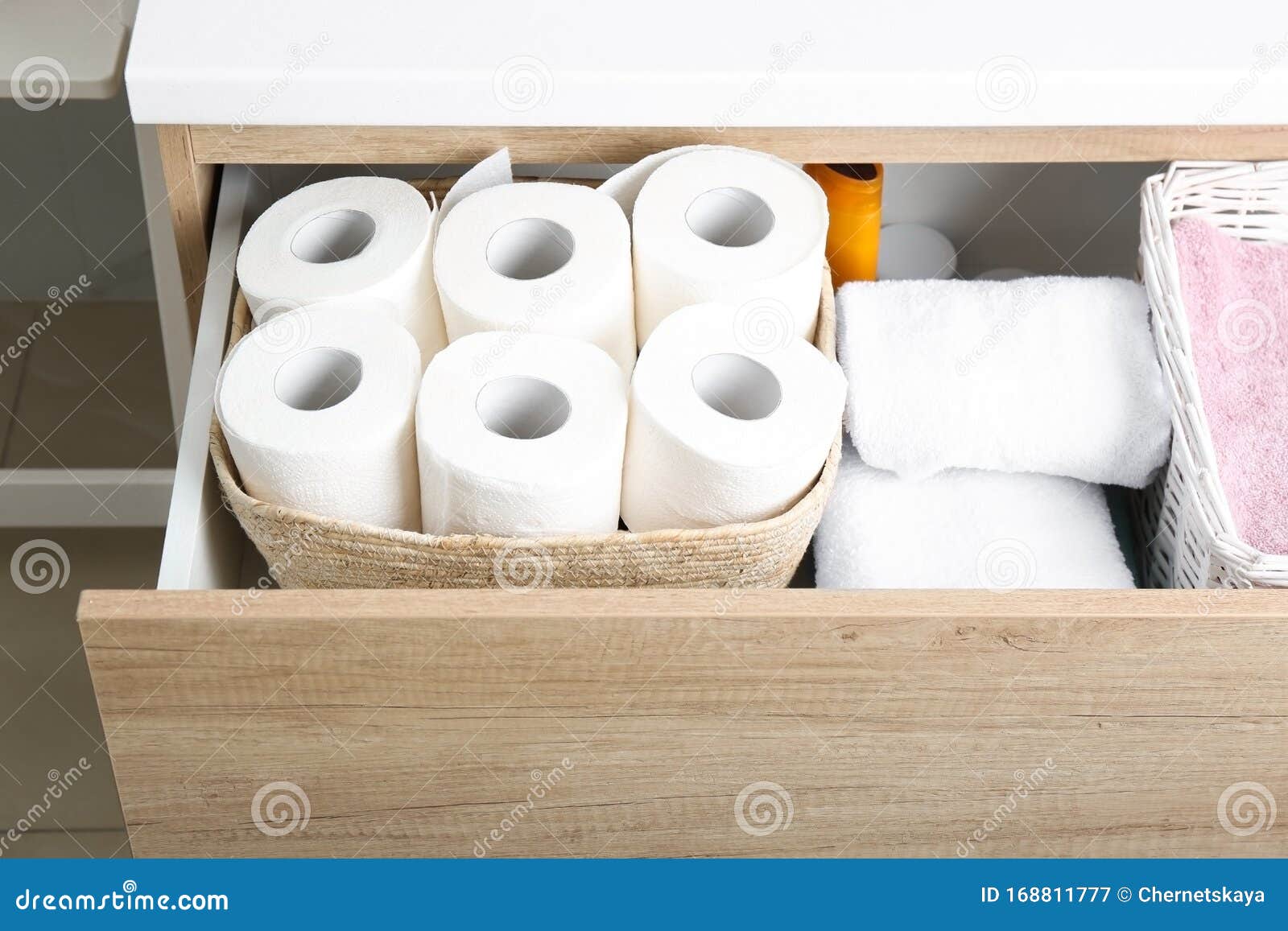 Open Cabinet Drawer With Toilet Paper Rolls Stock Image Image Of