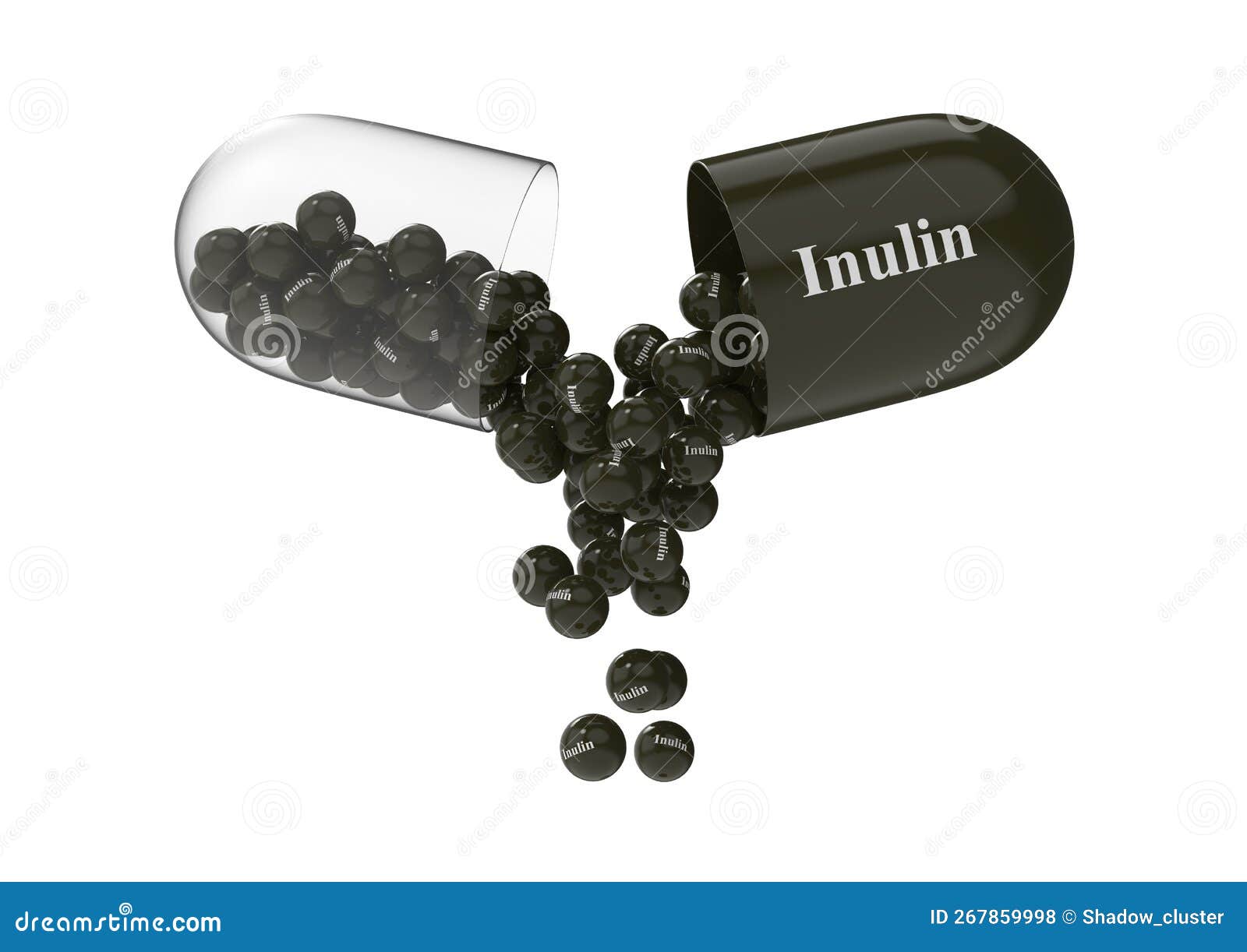 open capsule with inulin from which the vitamin composition is pouring. 3d rendering 