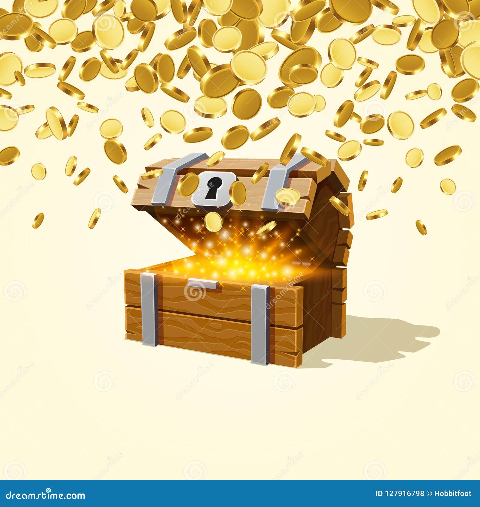 Open wooden chest full with gold coins Royalty Free Vector