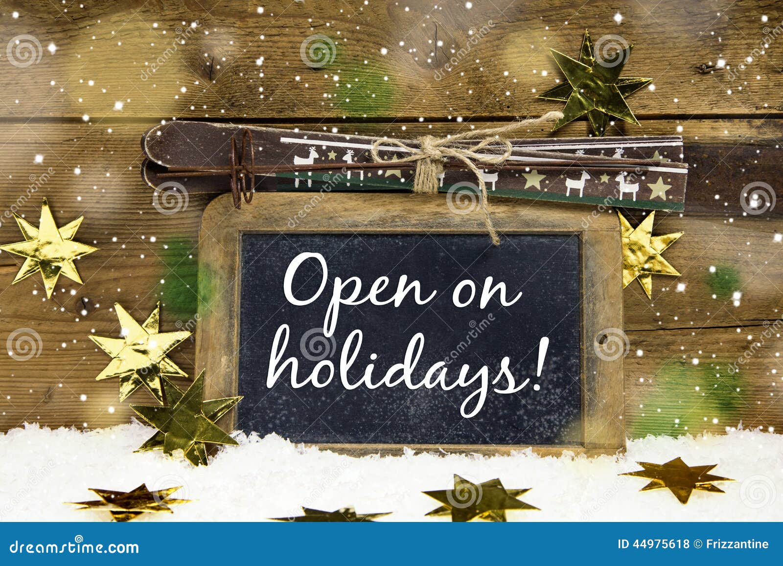Open on Christmas Sign with Text for Winter Skiing Holidays and Stock Open On Christmas