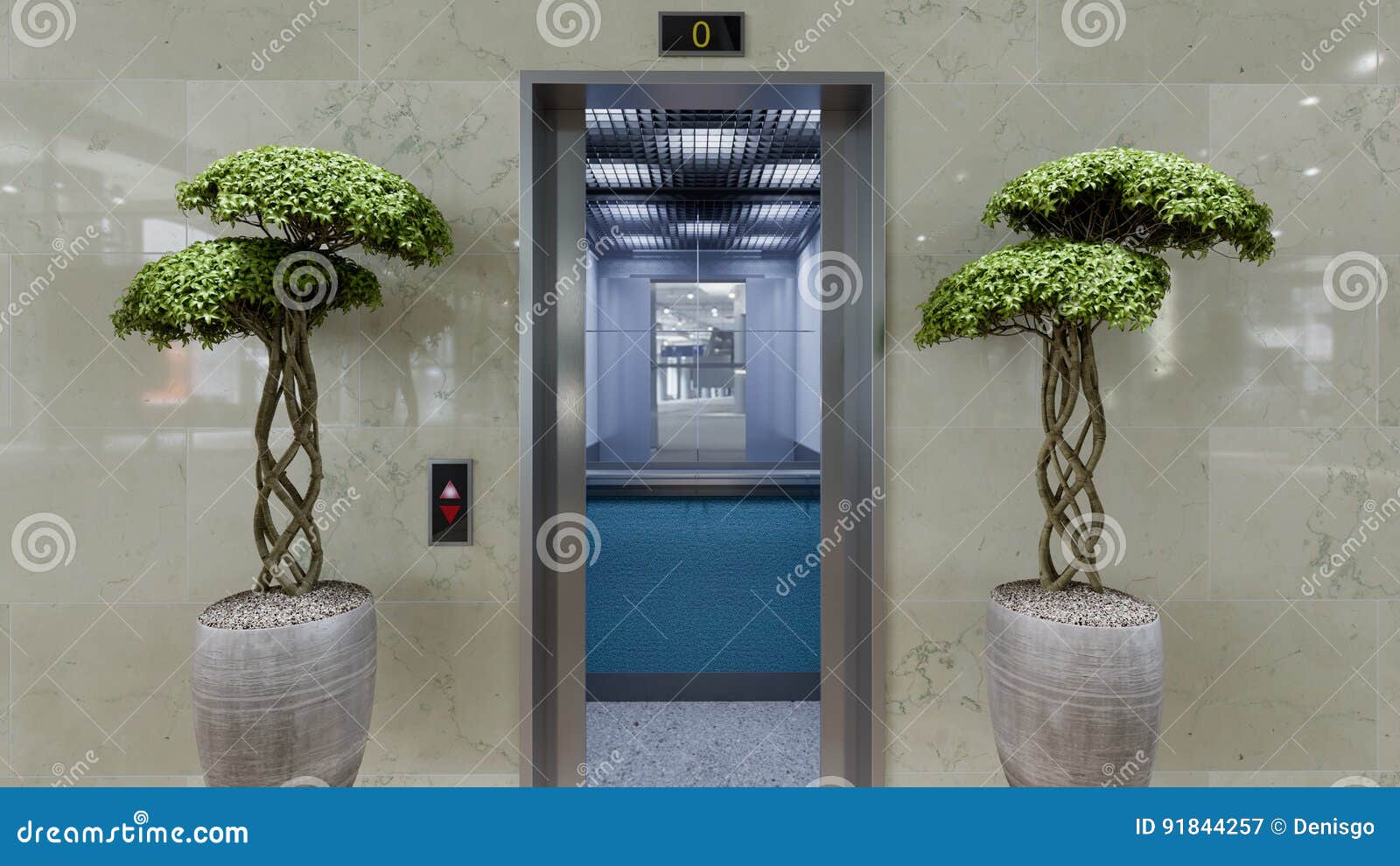 Open and Closed Chrome Metal Office Building Elevator Doors Concept