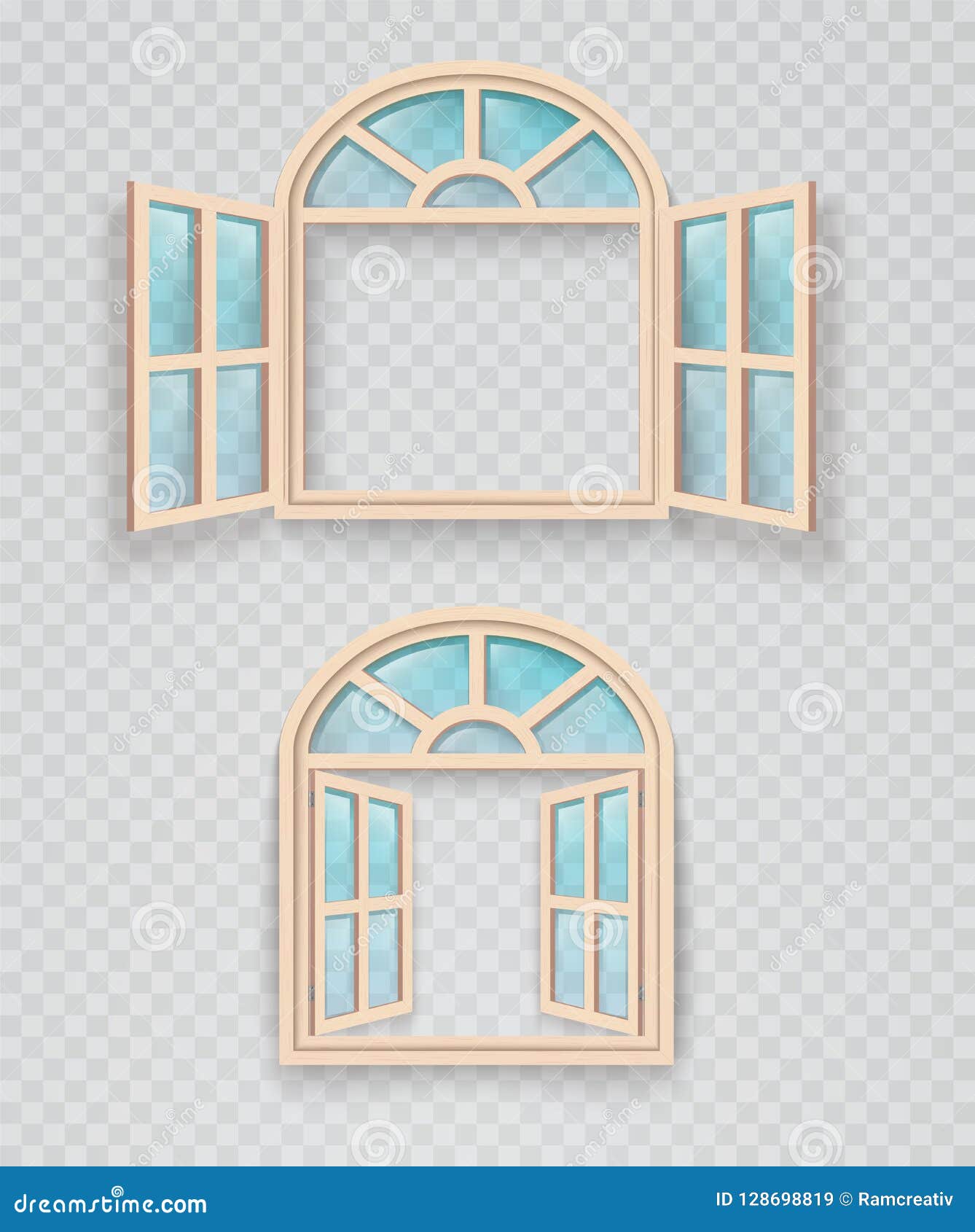 Open And Closed Wooden Window On A Transparent Background