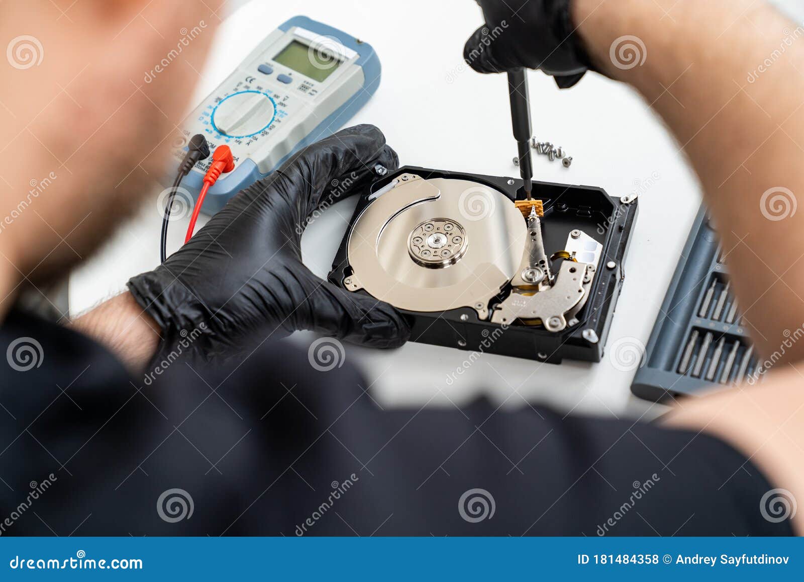 Open Computer Hard Drive. Screwdriver in Hands Stock Photo Image of
