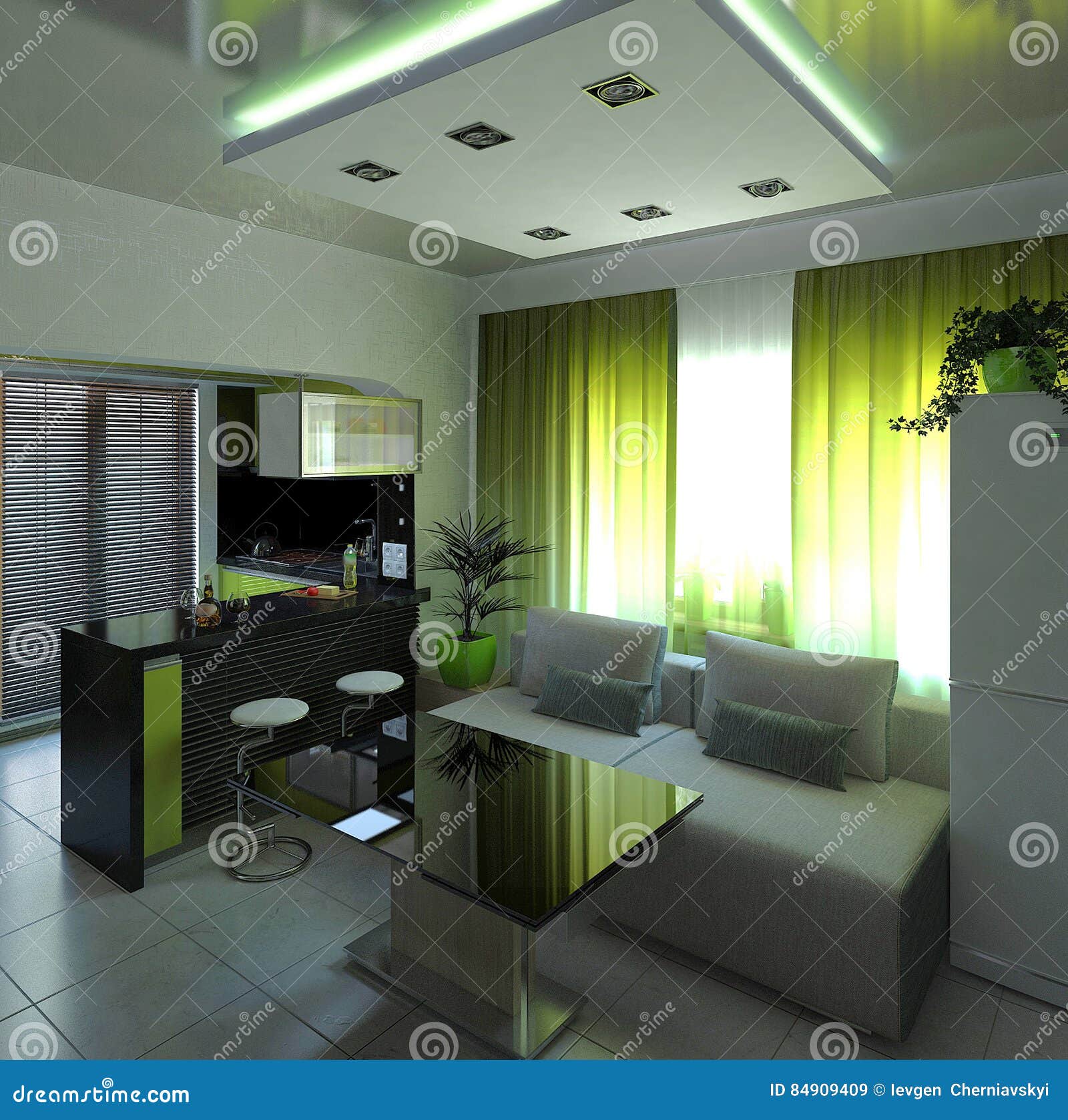 Open Concept Interior Design 3d Rendering Stock