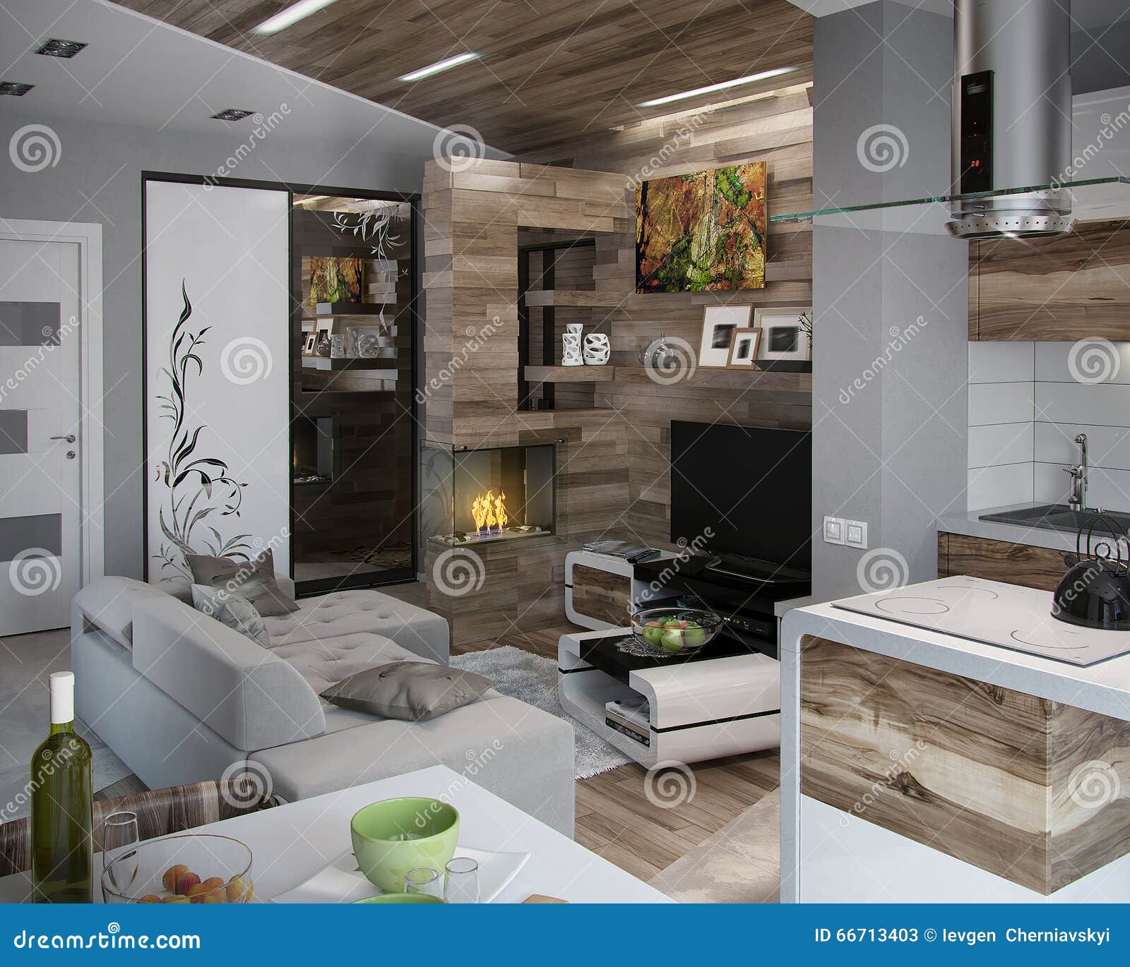 Open Concept Kitchen And Living Room 3d Render Stock Illustration