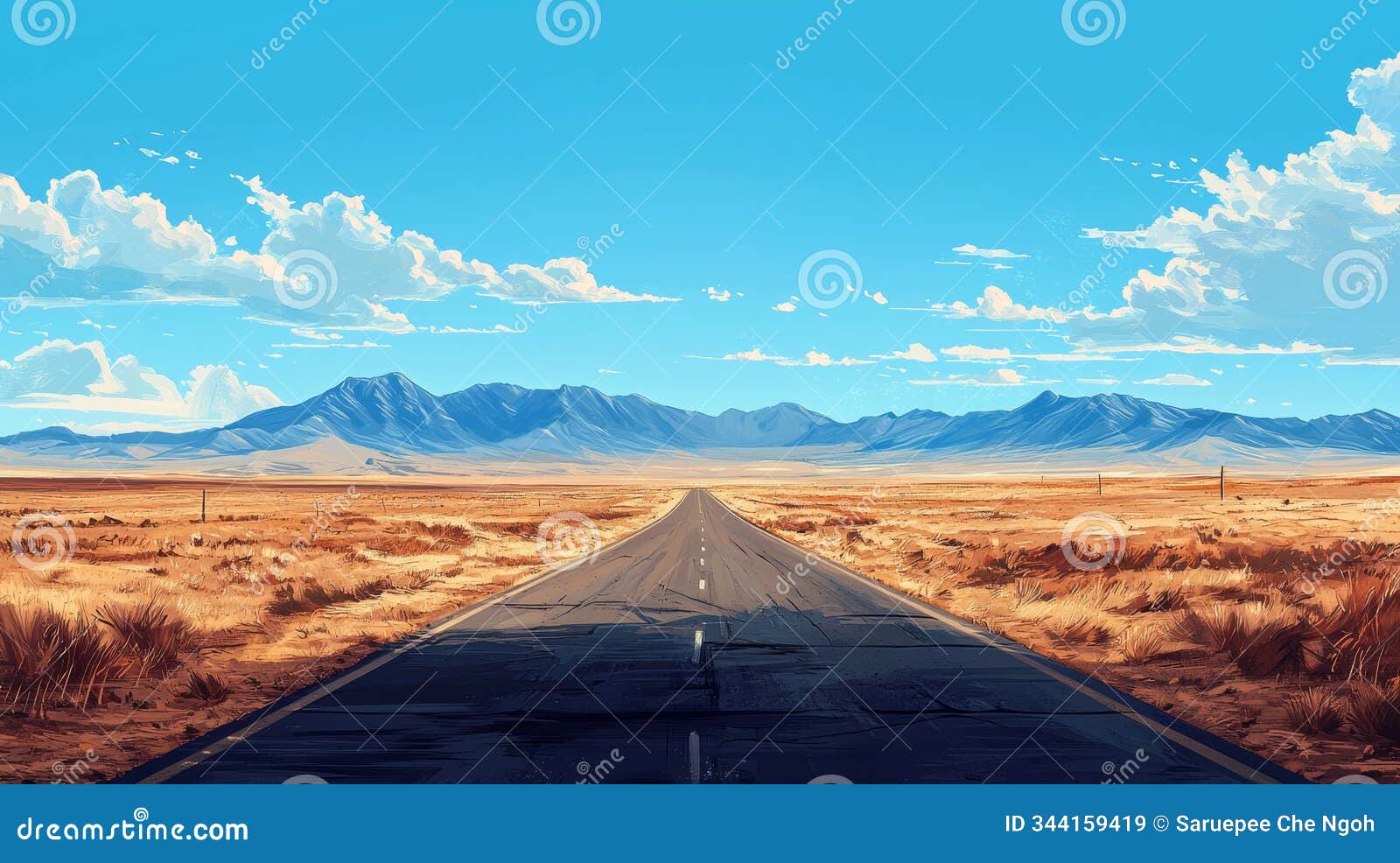 open desert road leading towards distant mountains