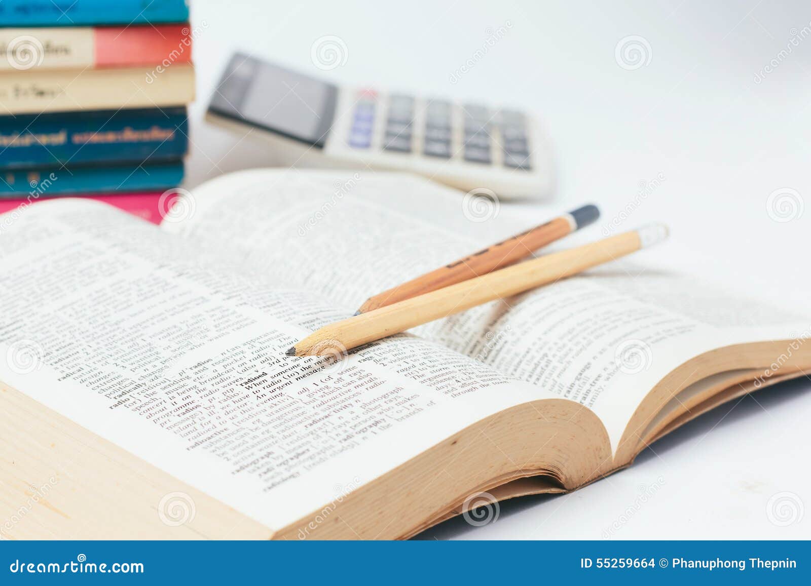 Open Dictionary with Pencil Stock Photo Image of text, close 55259664