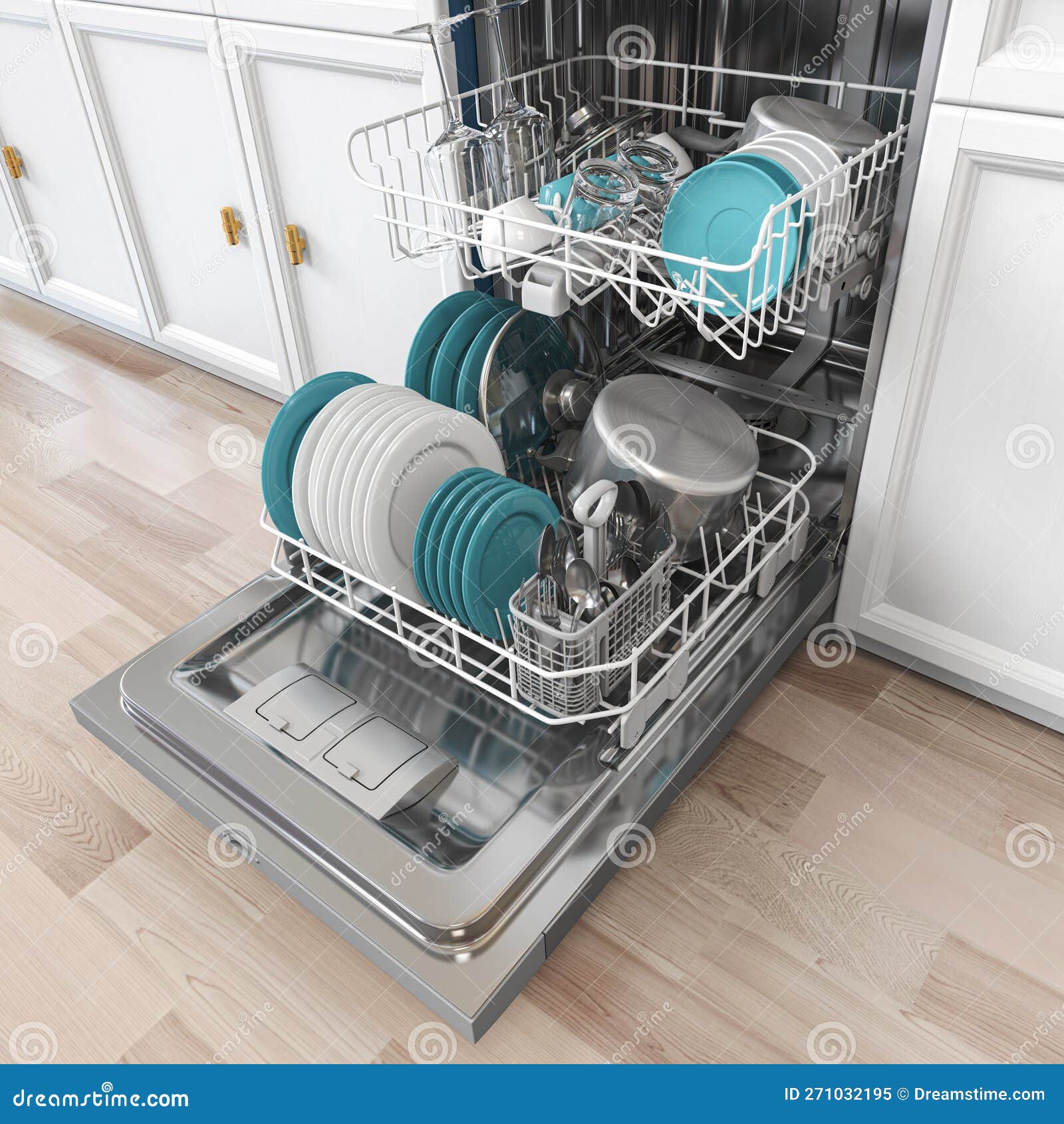 Open Dishwasher with Clean Dishes Inside in Kitchen Stock Illustration