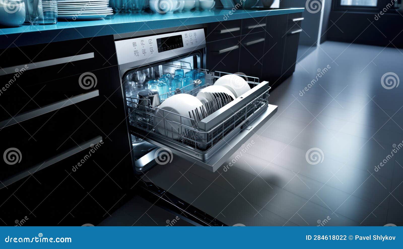 Open Dishwasher with Clean Dishes in Kitchen Stock Photo Image of