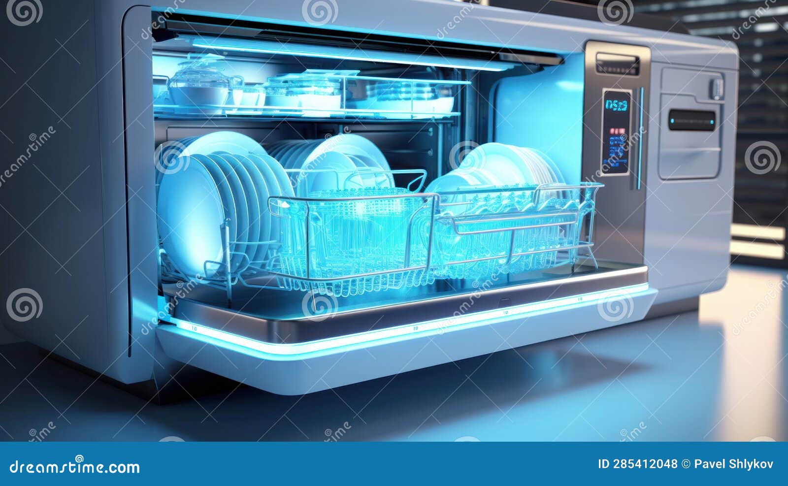 Open Dishwasher with Clean Dishes in Kitchen Stock Photo Image of