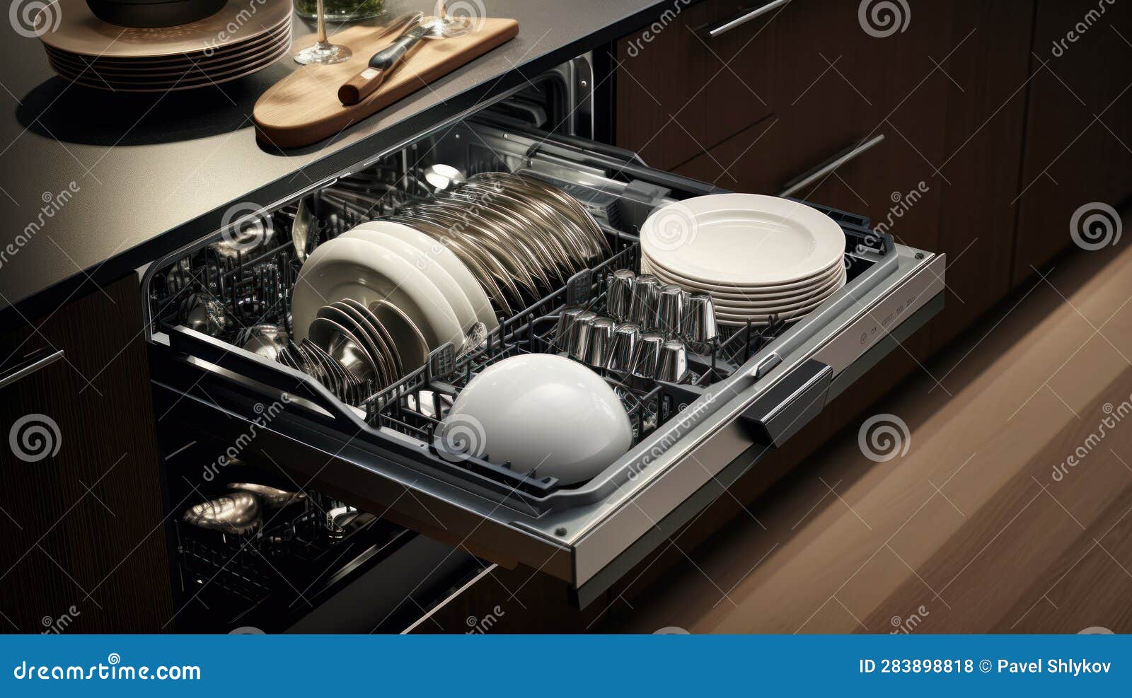 Open Dishwasher with Clean Dishes in Kitchen Stock Illustration