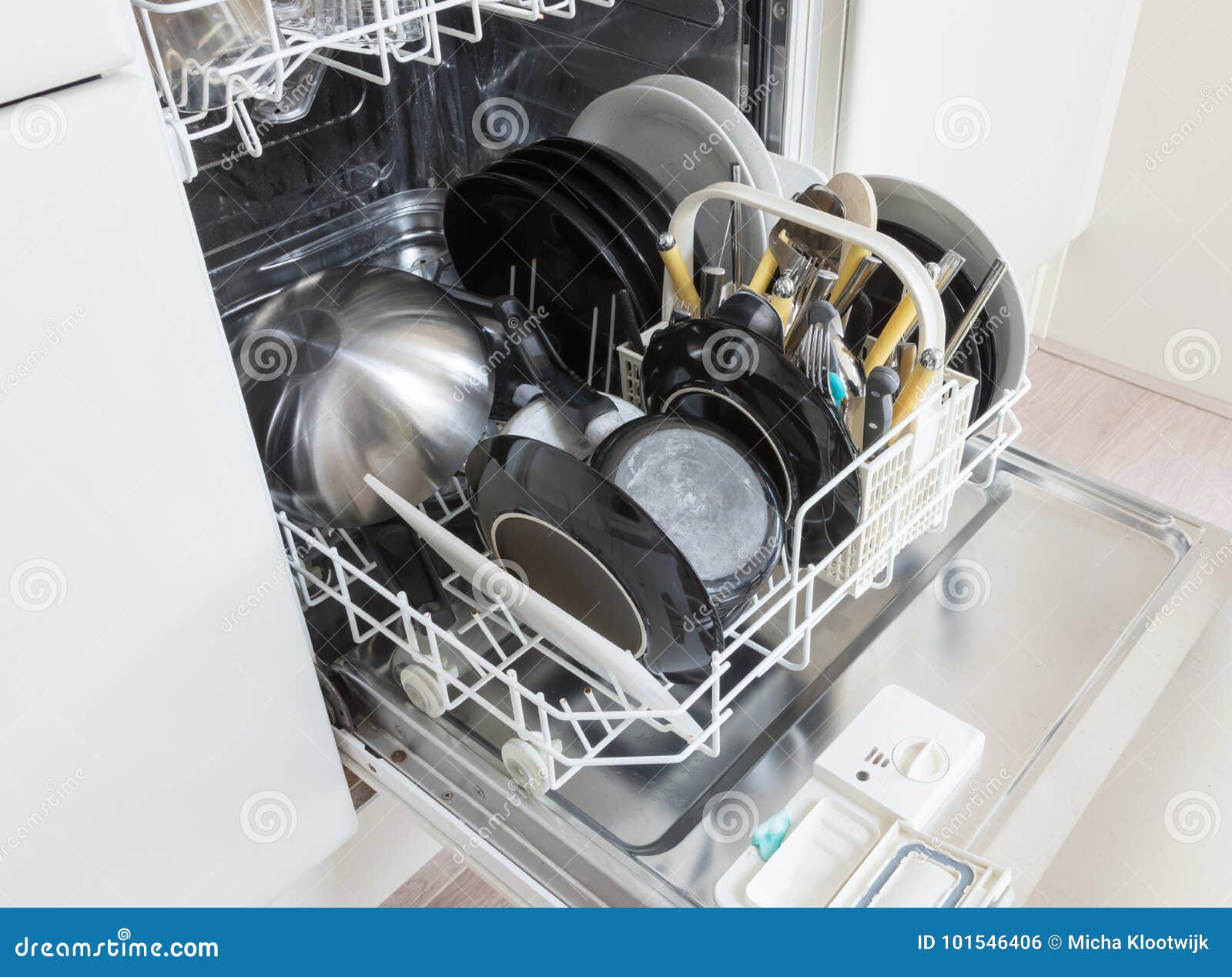 Open Dishwasher with Clean Plates, Cups and Dishes Stock Photo Image