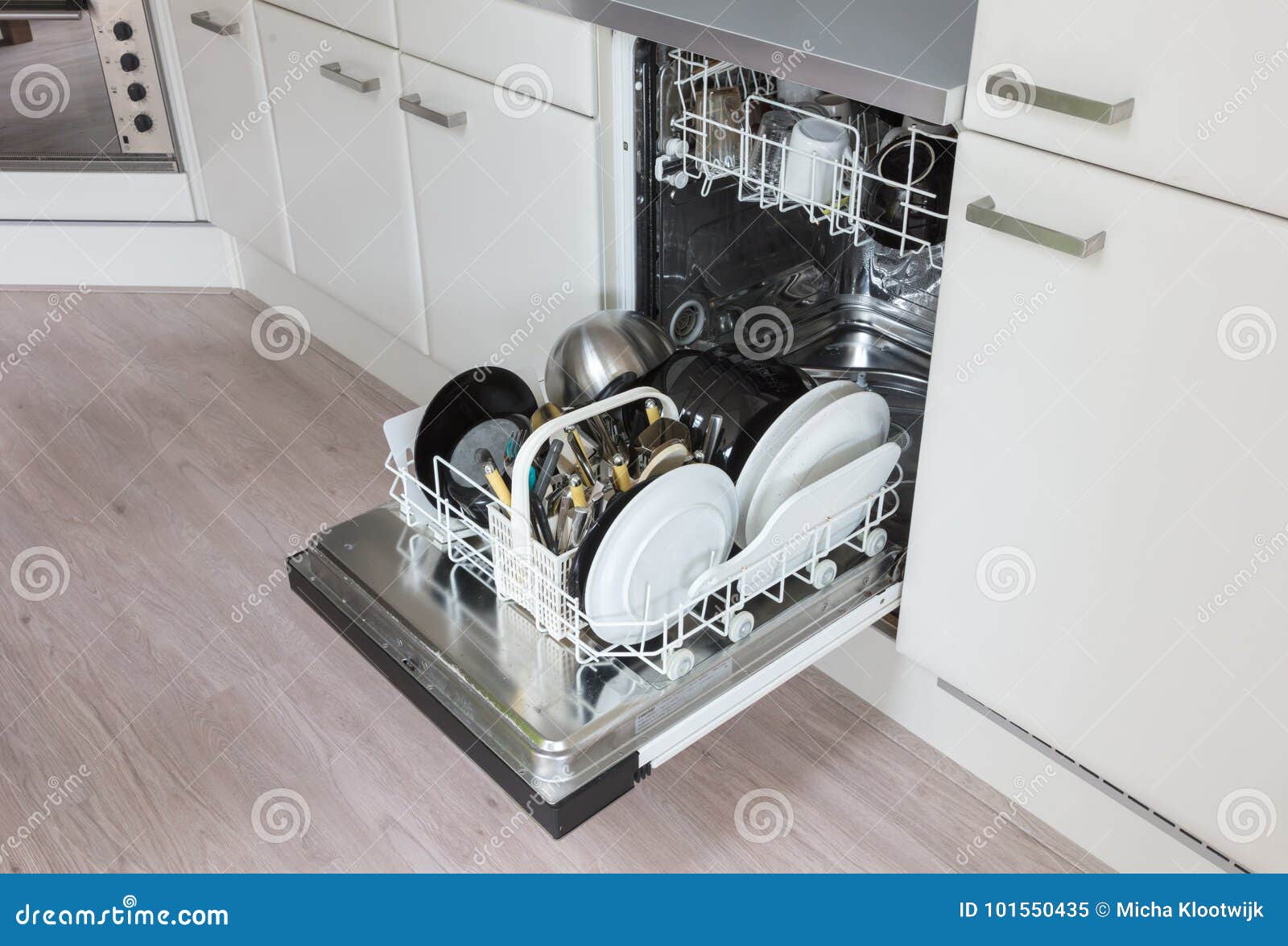 Open Dishwasher with Clean Plates, Cups and Dishes Stock Image Image