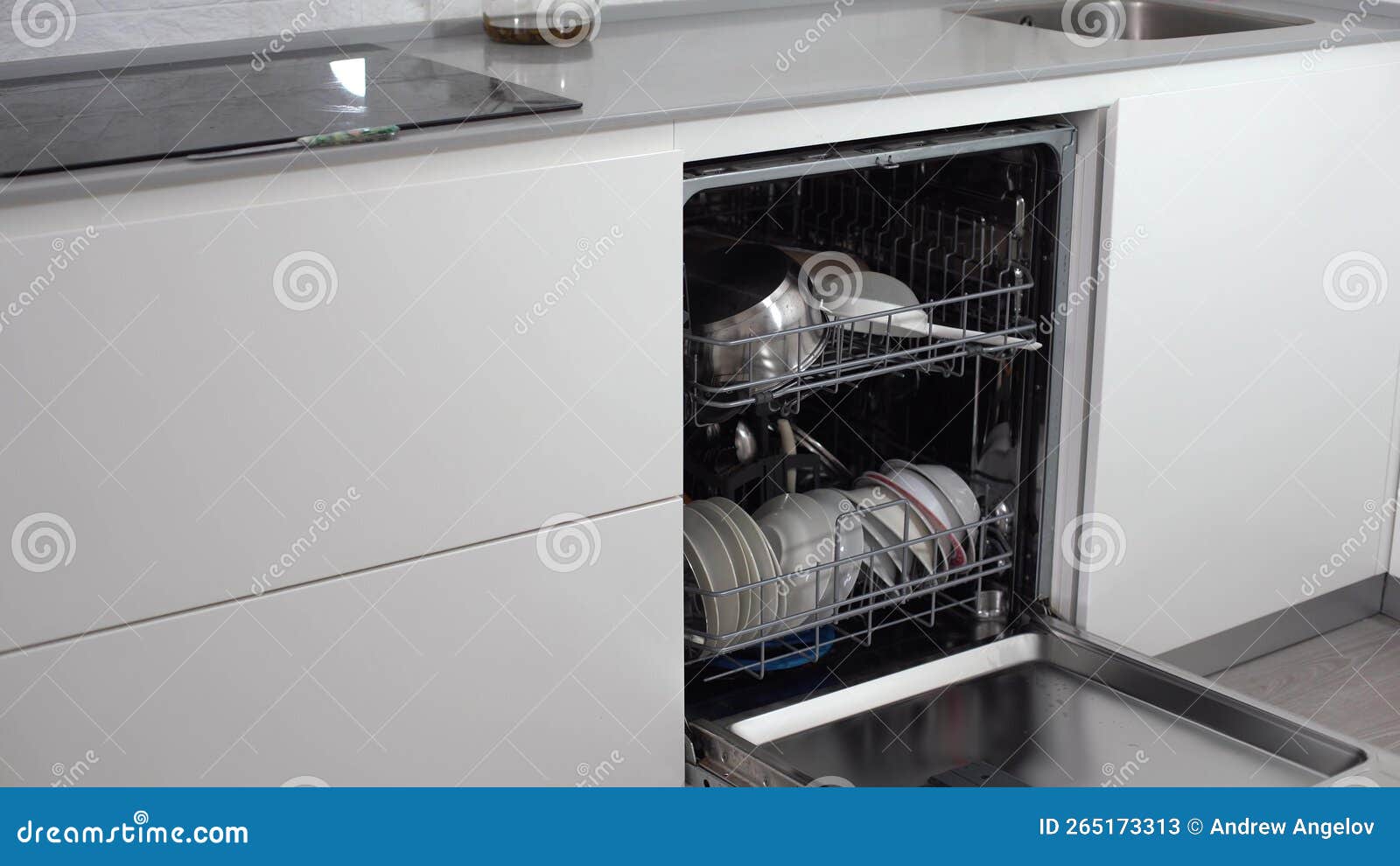 Open Dishwasher with Clean Utensils in it. Stock Image Image of