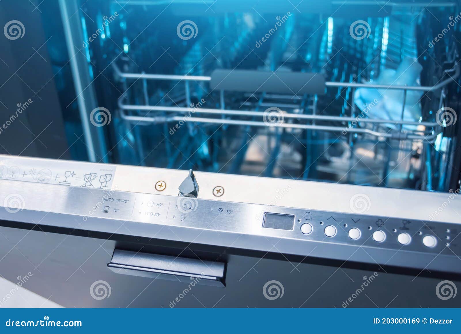 Open Dishwasher Door with Settings and Parameters for Washing Various