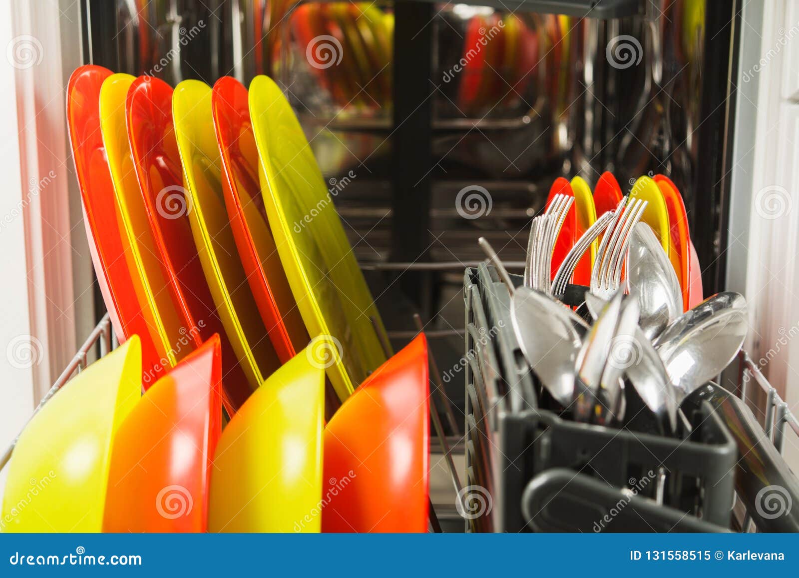 Open Dishwasher with Fresh Clean Dish and Flatware Stock Image Image