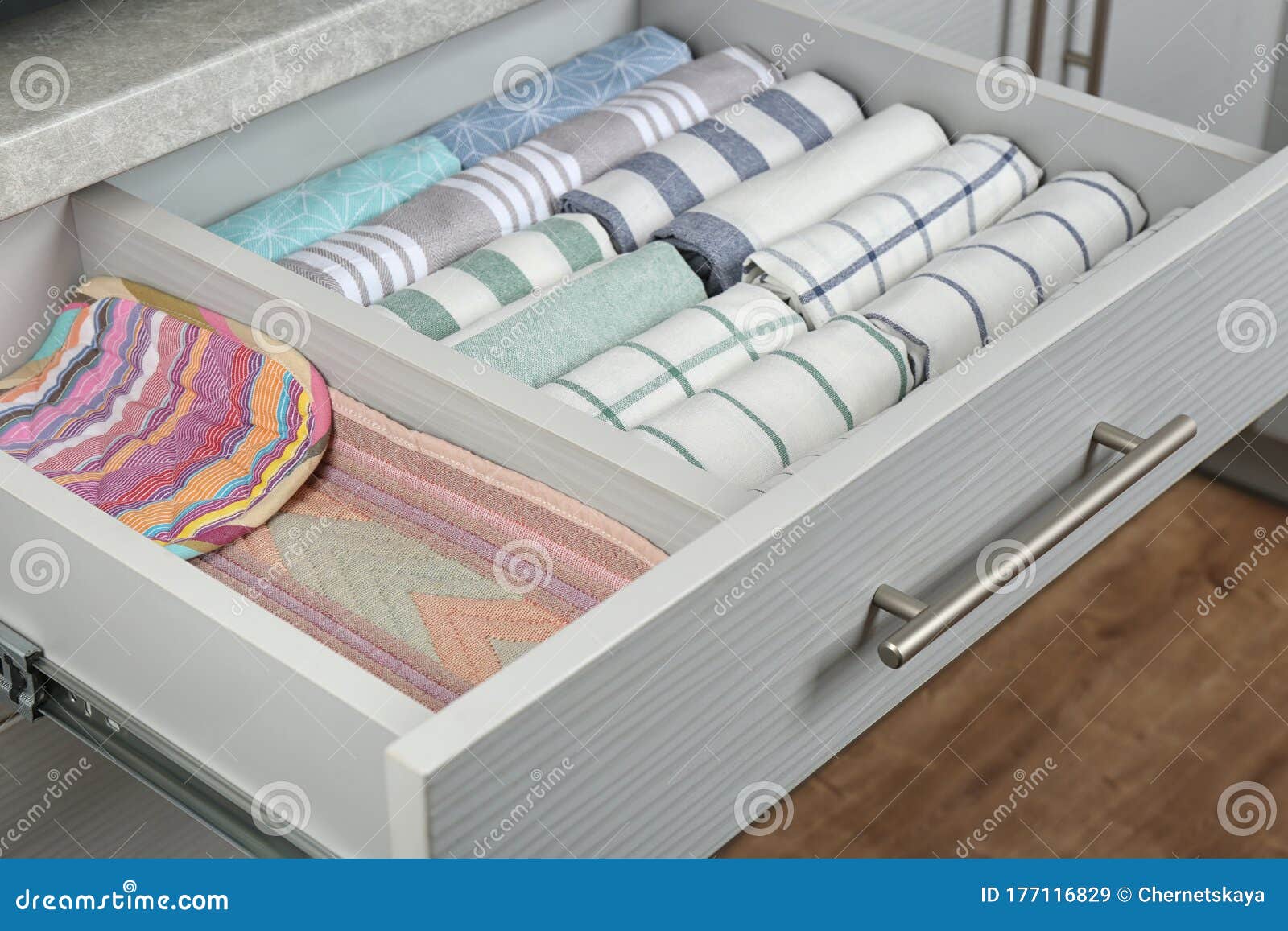 Drawer with Folded Towels. Order in Kitchen Stock Image Image of