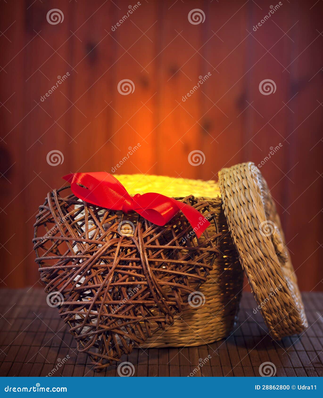 Open Empty Gift Basket Box with Heart Retro Background Stock Photo